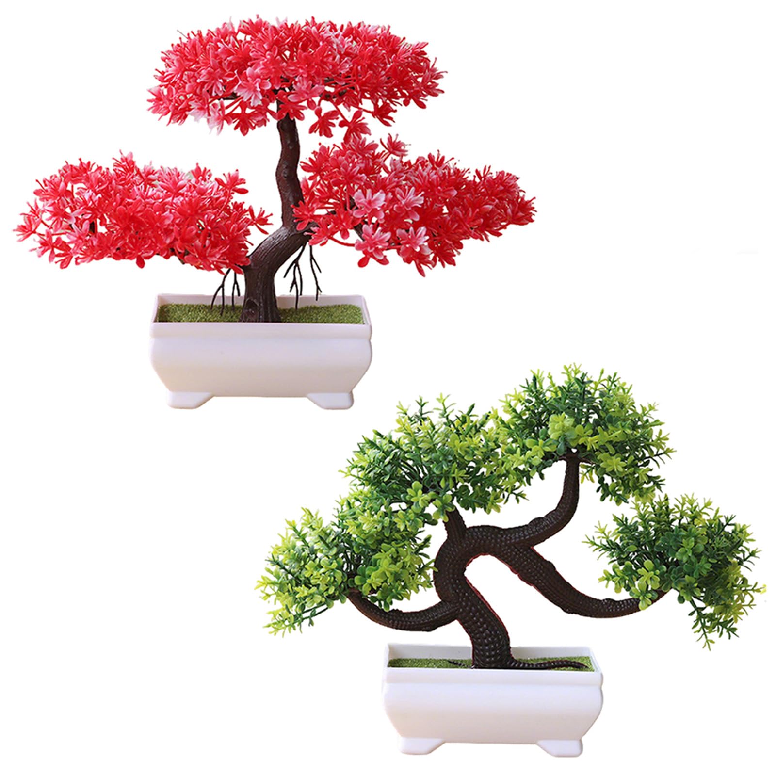 Genyoung Red 2Pcs Artificial Bonsai Trees, 26X19cm Mini Realistic Potted Fake Plants
