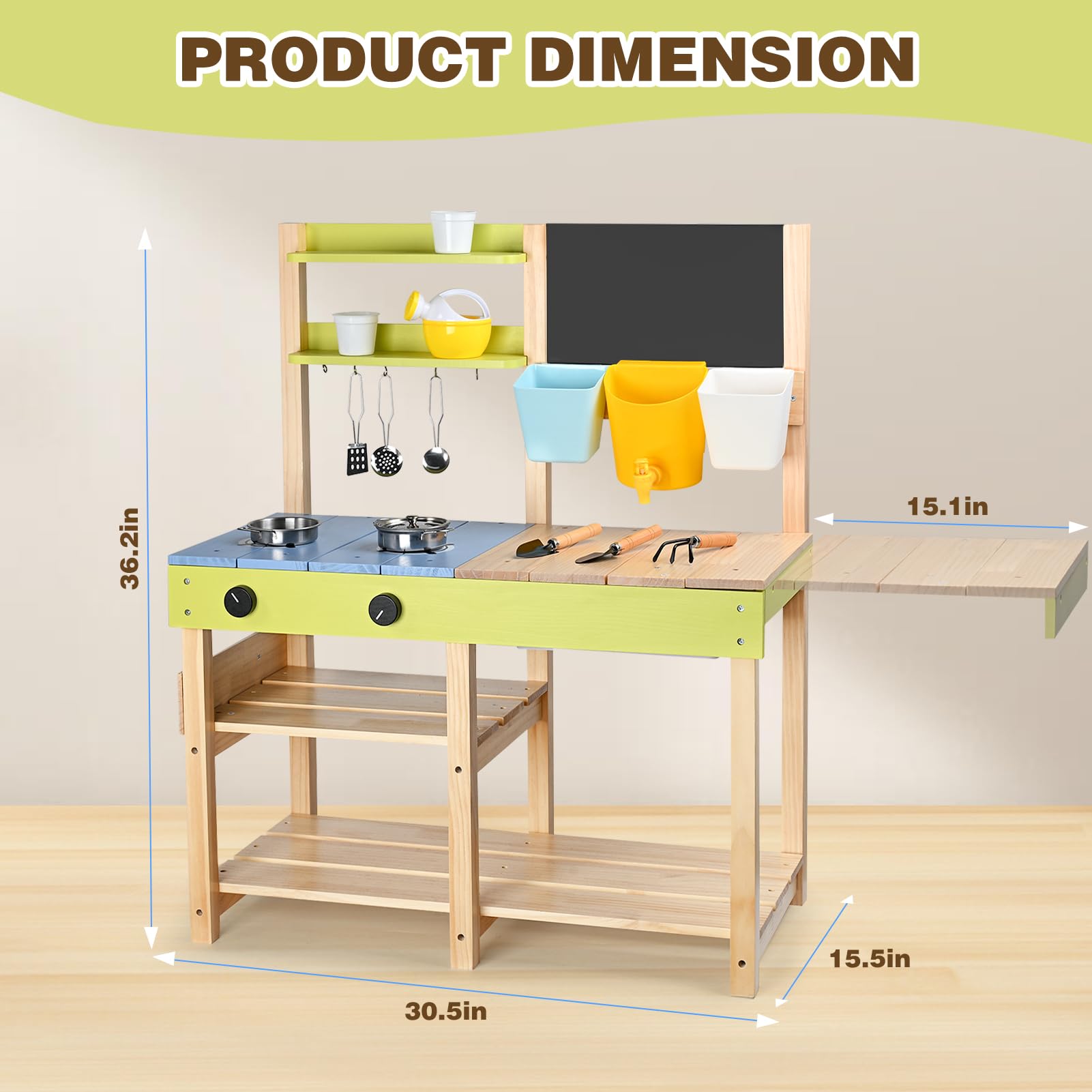 Dreamon Cocina de barro para niños al aire libre, juego de cocina de madera con fregadero extraíble, pizarra de tiza, juguete de jardín y accesorios de cocina de acero inoxidable, accesorios de cocina