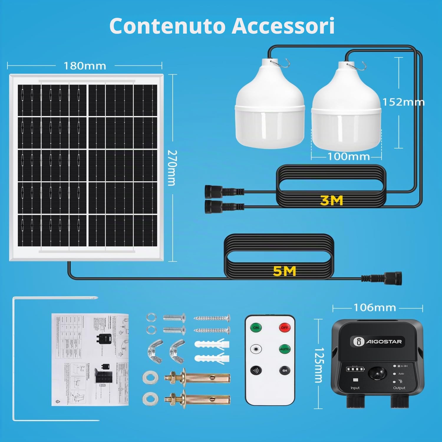 Aigostar- Lampadina Solare da Esterno, 70W, 6500K, Con Sensore di Movimento, Telecomando, Scatola di Accumulo di Energia, Cavo da 11M, Lampada Solare, IP65 Impermeabile, per Interno, Garage, Giardino