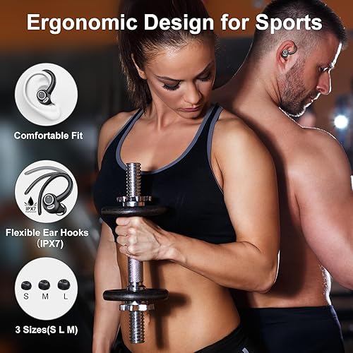 Miniatura 7 de Auriculares inalámbricos Bluetooth 5.3 deportivos, reproducción de 48 horas con micrófono CVC8.0, auriculares estéreo Bluetooth con ganchos para los