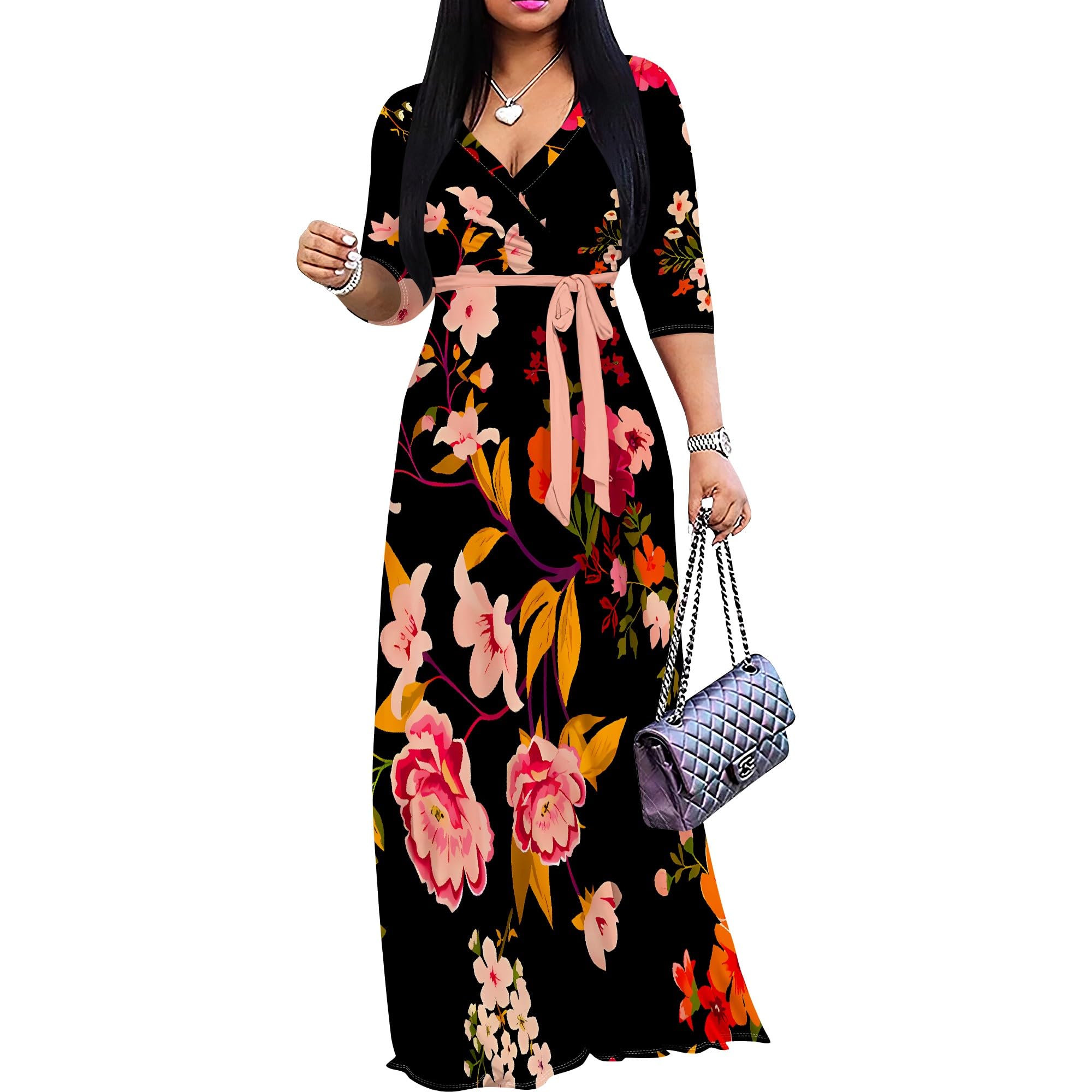 PinkPatty Women's Print Maxi Dresses 3/4 Sleeve Flowy Long Dress V Neck Wrap Tie Waist Sundress
