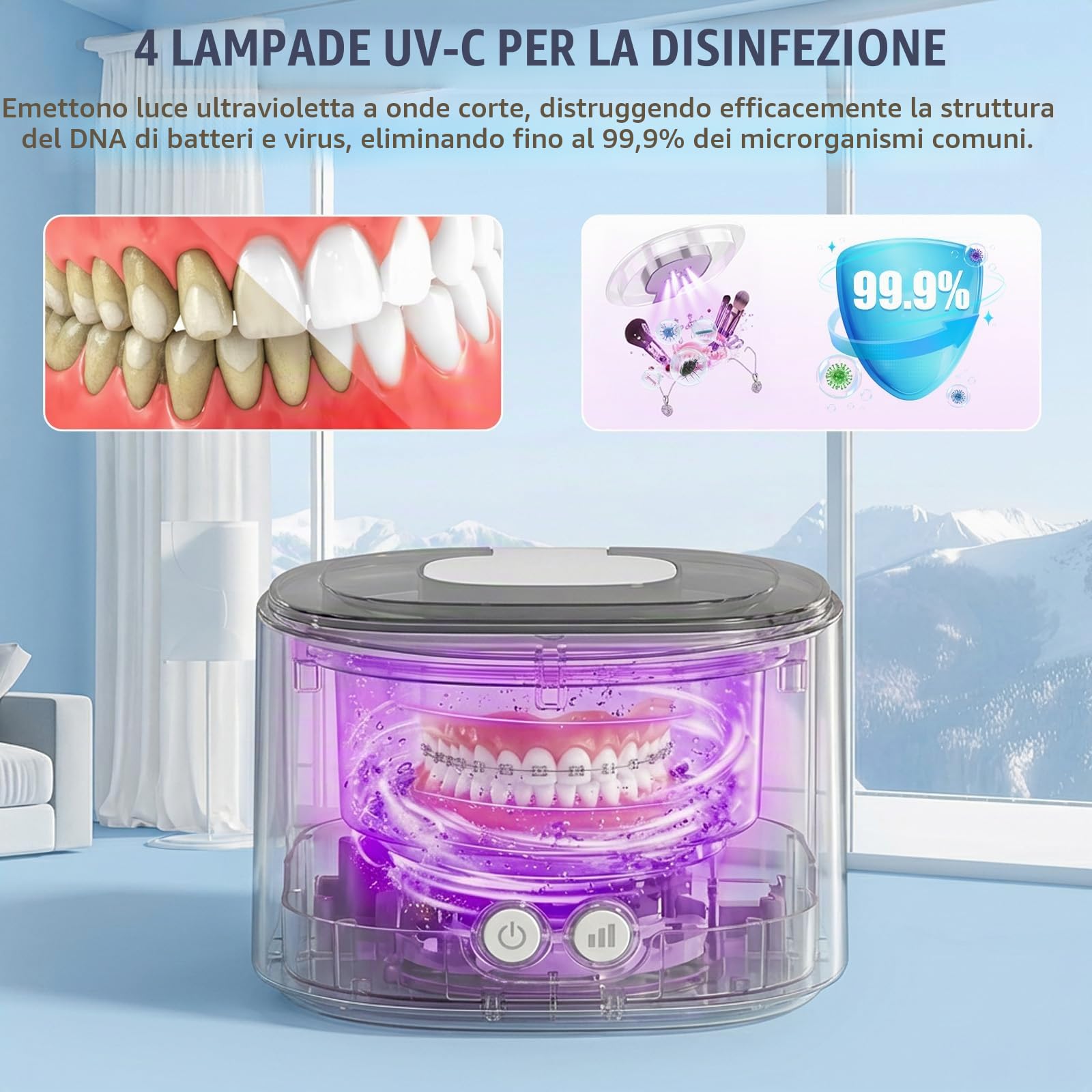 Pulitore Ultrasuoni 50000Hz, Pulitori Ultrasuoni, Ricaricabile Lampada UV Ultrasonic Cleaner, 380ml, 3 Modalità per Apparecchi Ortodontici, per Protesi, Allineatori, Testine Di Spazzolini, Gioielli