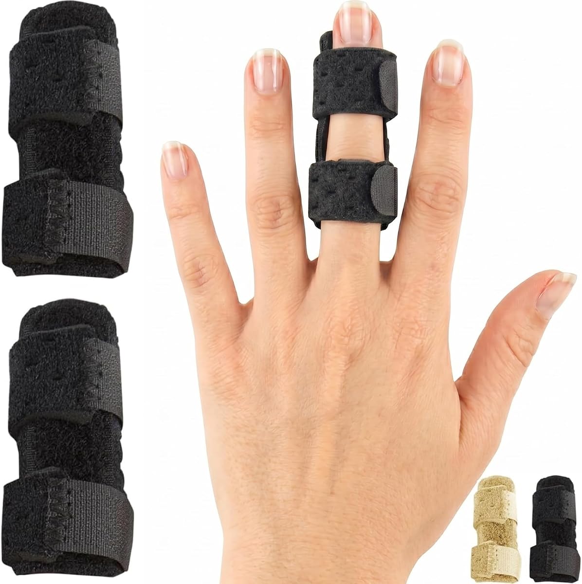Férula para dedo Vive (paquete de 2) - Alisador de dedo universal - Roto | Férulas para dedos en gatillo, soporte para el dolor y apoyo de la artritis, alivio del esguince para los dedos medio, índice, anular y meñique (negro)