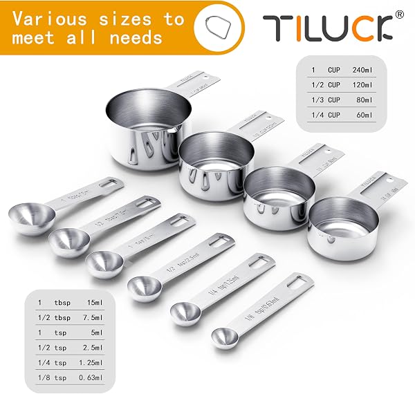 Close-up of the engraved markings on TILUCK stainless steel measuring cups.