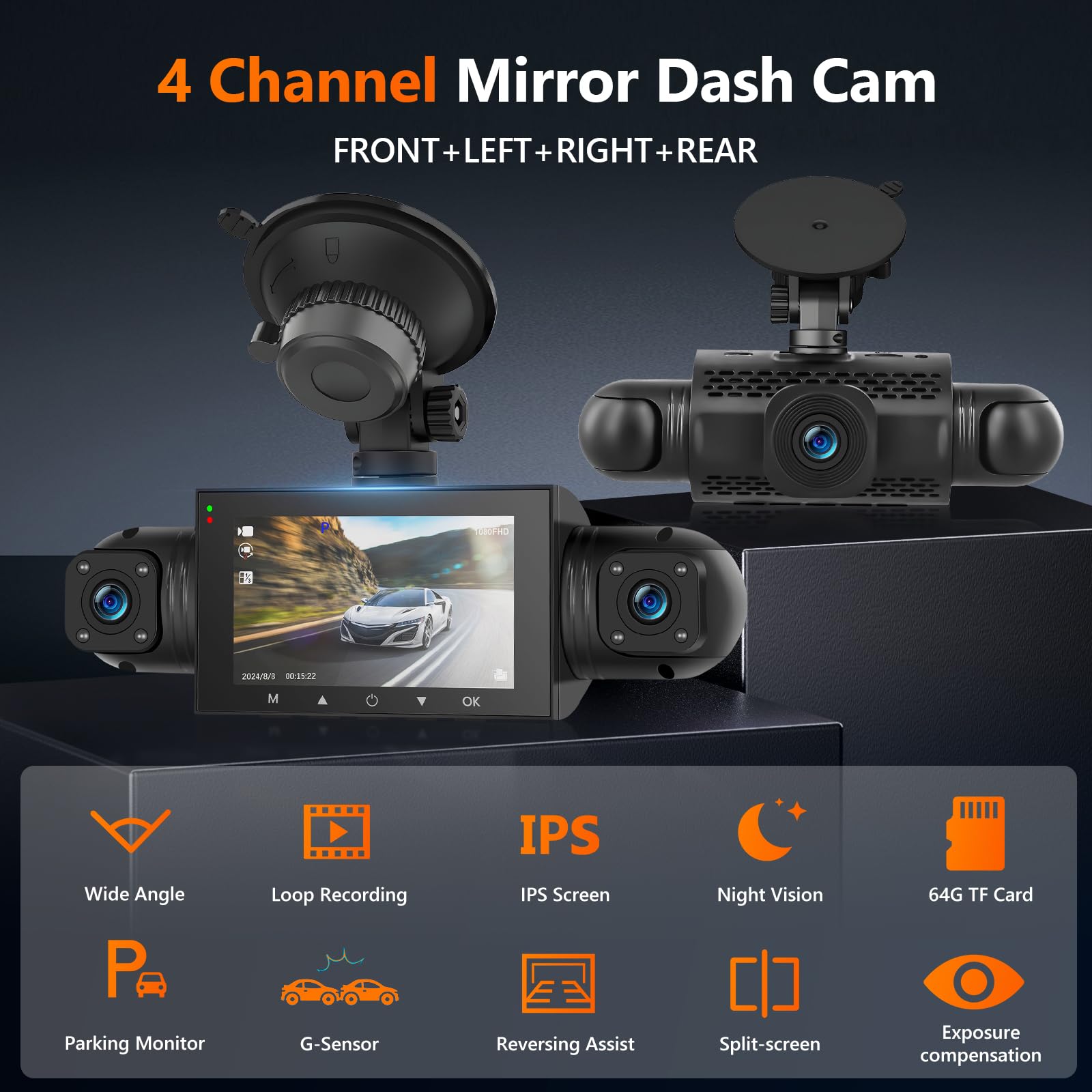 Podofo Mirror Dash Cam 4 Canales Delantera Trasera, Cámara de Espejo Retrovisor con Tarjeta de 64GB/G-Sensor/Monitorización de Aparcamiento/Visión Nocturna/24H Modo Aparcamiento + Cámara Trasera 1080P