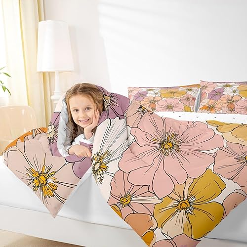 Miniatura 7 de Groovy - Juego de edredón de flores de los años 60, 70 y 80, color rosa, morado, amarillo, juego de ropa de cama retro floral bohemio para niños y