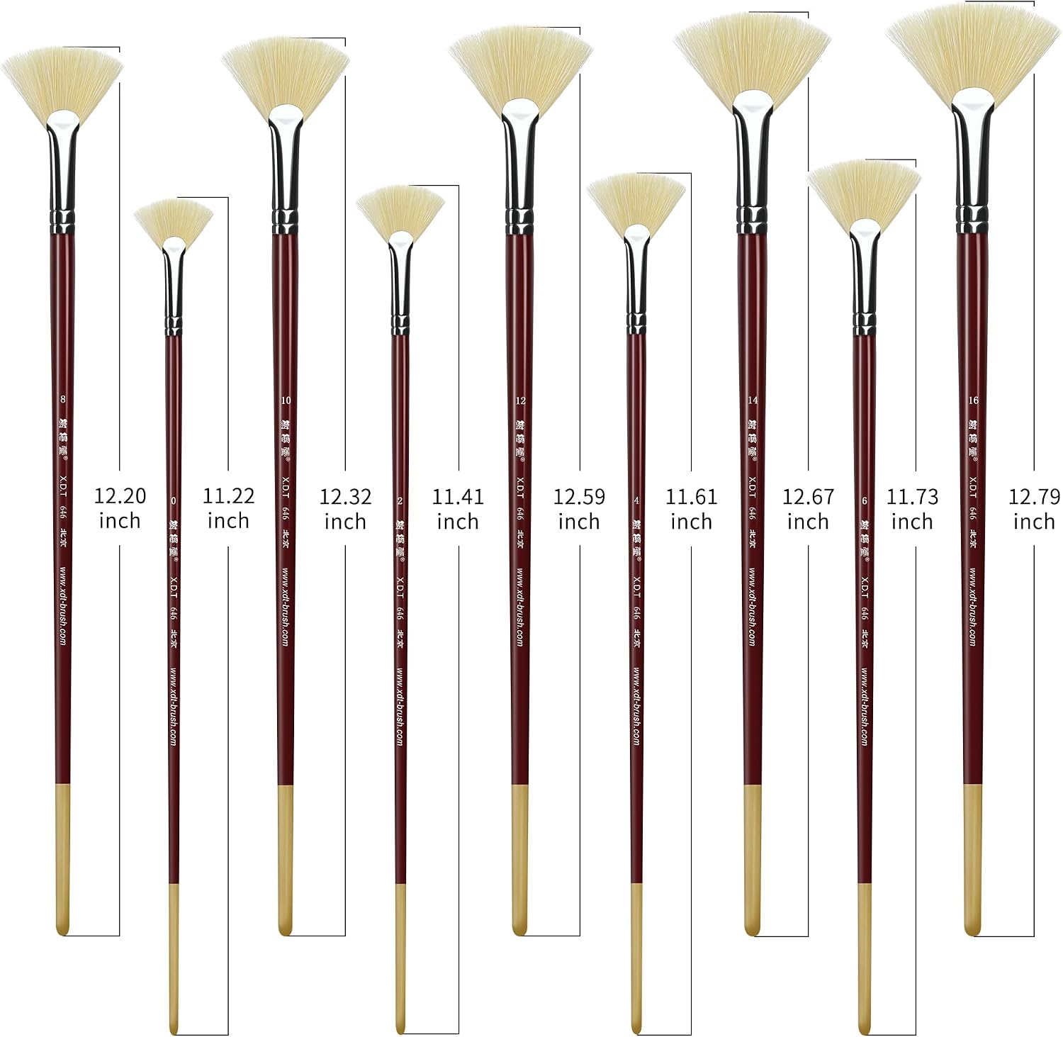XDT#646 Fan Artist Paint Brush 9 Piece Set Medium Stiff Hog Bristle Extra Long Handle #0#2#4#6#8#10#12#14#16, Acrylic Oil Watercolor