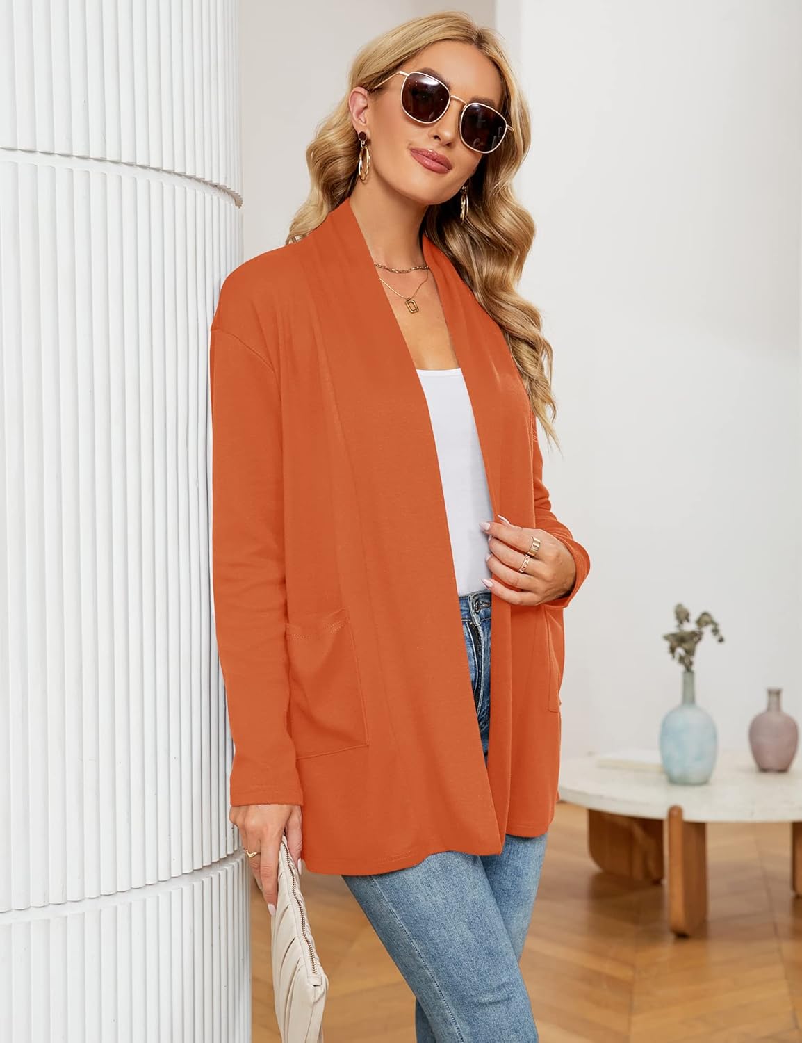 Womens Cardigan Lightweight Dressy Casual Soft Drape Long Sleeve Open Front Summer Cardigan Sweaters with Pockets Orange M - Image 4