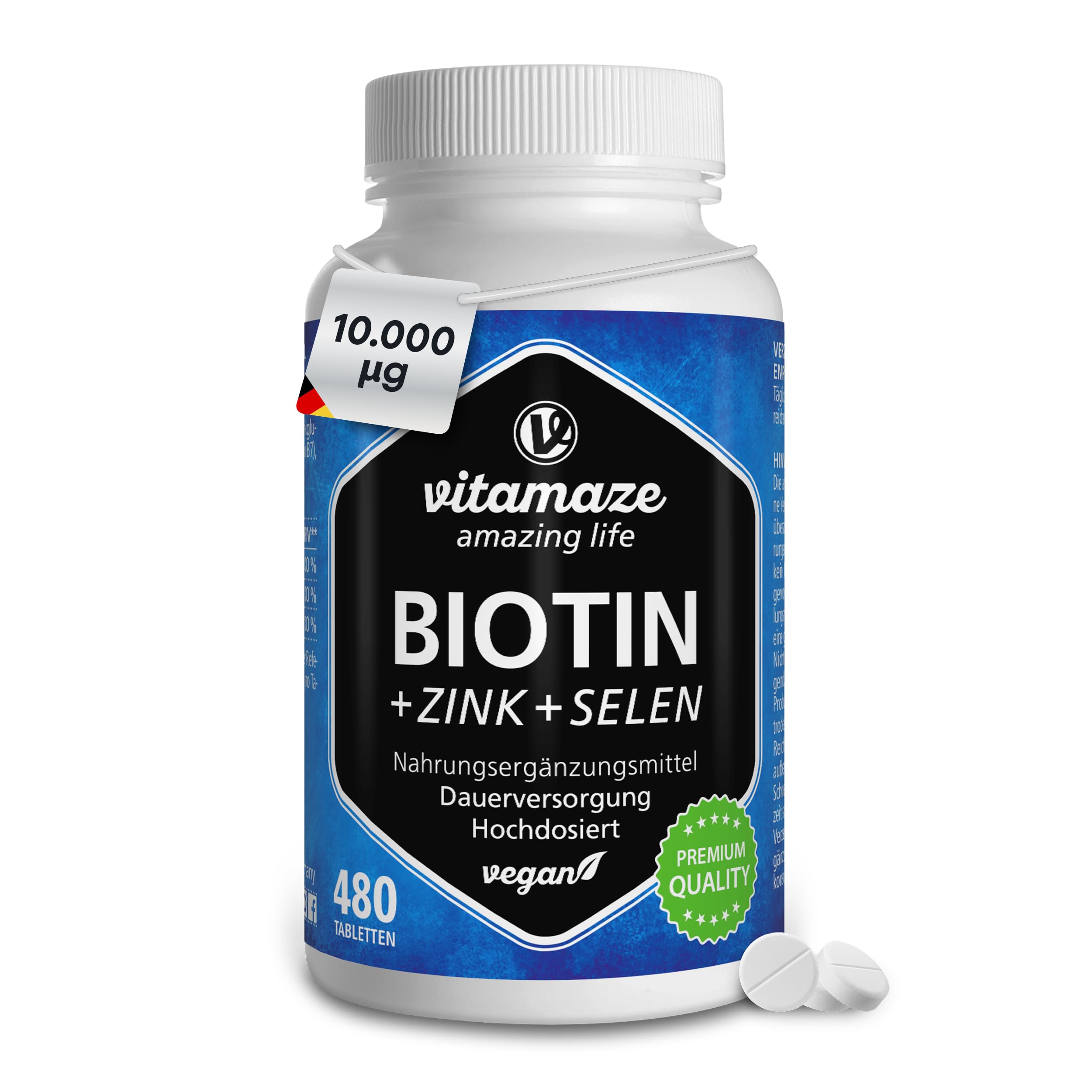Biotin hochdosiert 10.000 mcg + Selen + Zink für Haarwuchs, Haut & Nägel, 480 vegane Tabletten für 480 Tage, Nahrungsergänzung ohne Zusatzstoffe, Made in Germany