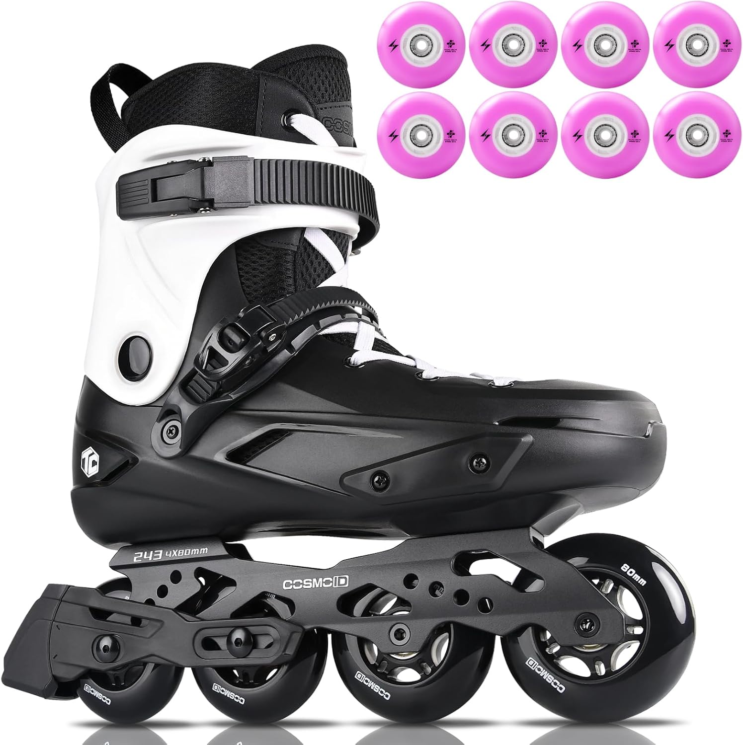 Stylish Inline Skates Bundle – COSMOID TC Black & White Roller Blades with Purple Light-Up Wheels for Adults & Teens, Trendy Fitness Skating Set