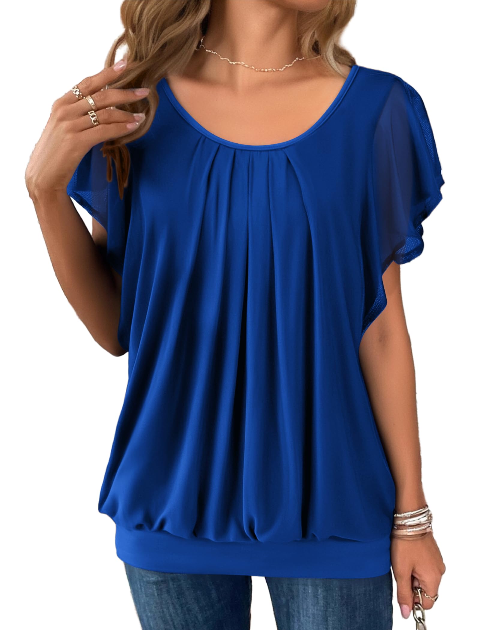 Hotouch Blusen Damen Kurzarm Doppellagig Mesh Rundhals Oberteile Loose Flowy Flügelärmel Tunika Sommer elegant Top