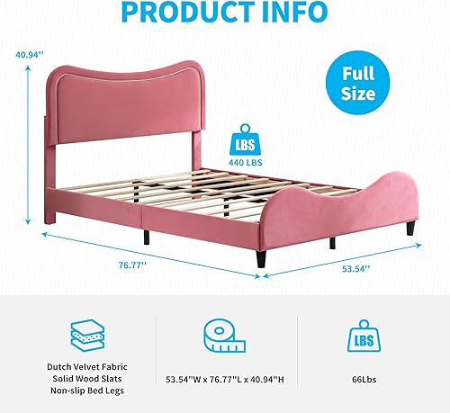 Miniatura 2 de Mjkone Cama individual tapizada para niños base de cama de plataforma de tamaño individual con cabecera curvada cama individual de princesa de piel