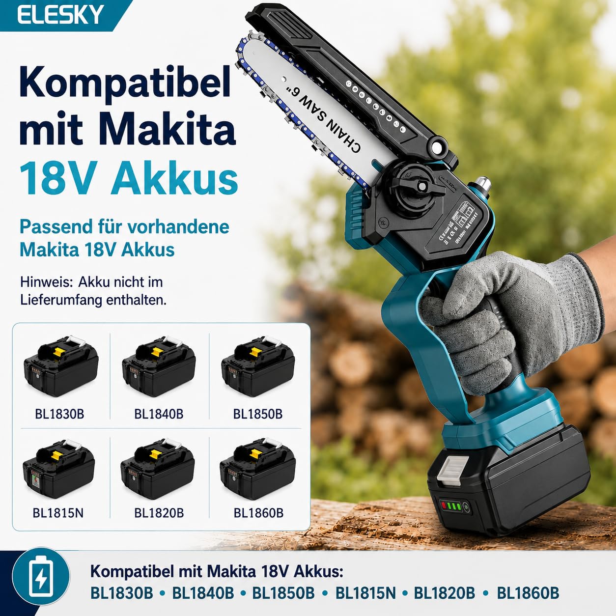 Mini Kettensäge 6 & 8 Zoll Set, Astsäge Akku für Baum- und Astschnitt, Kleine Säge mit Automatische Kettenschmierung & Werkzeuglose Kettenspannung, Kompatible mit Makita Akku 18V (ohne Akku)