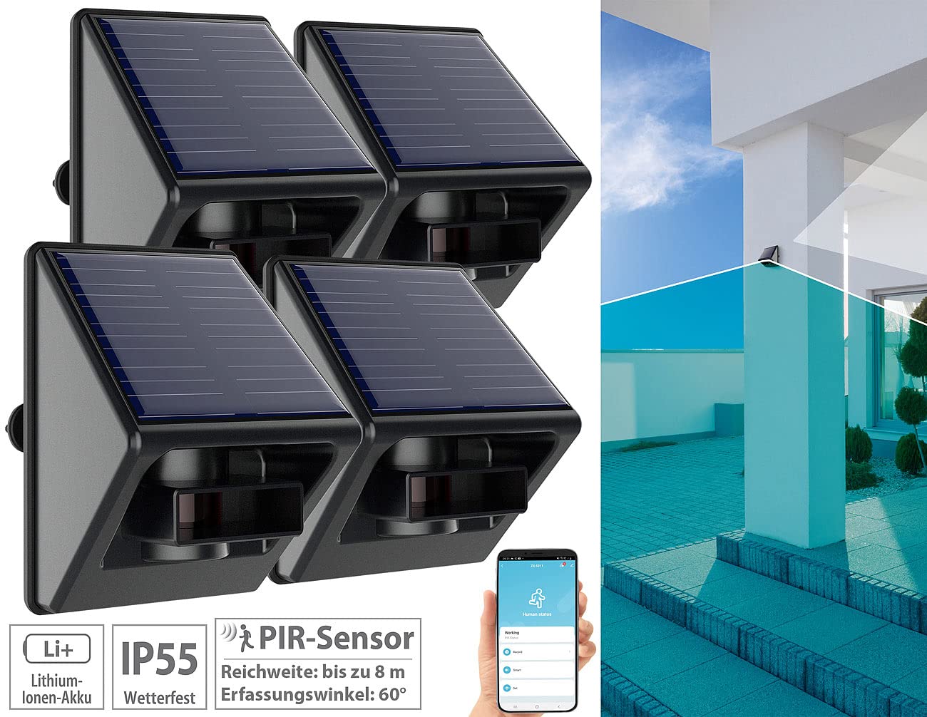 Luminea Home Control Solar Bewegunsmelder: 4er-Set Outdoor-PIR-Sensoren, Solarpanel, App, IP55, ZigBee-kompatibel (Outdoor ZigBee Motion Sensoren, WLAN-Bewegungsmelder Akku)