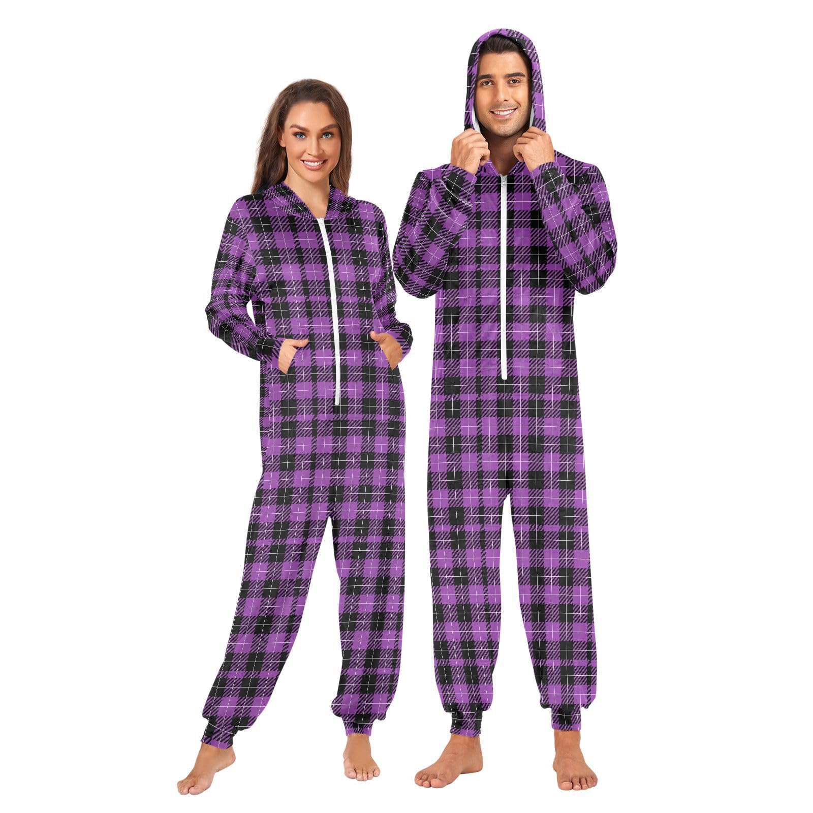 Einteiliger Schlafanzug für Erwachsene, Unisex, für Damen und Herren, violettes Karomuster, lustiges Kapuzen-Kostüm, Pijama de una pieza, Größe M