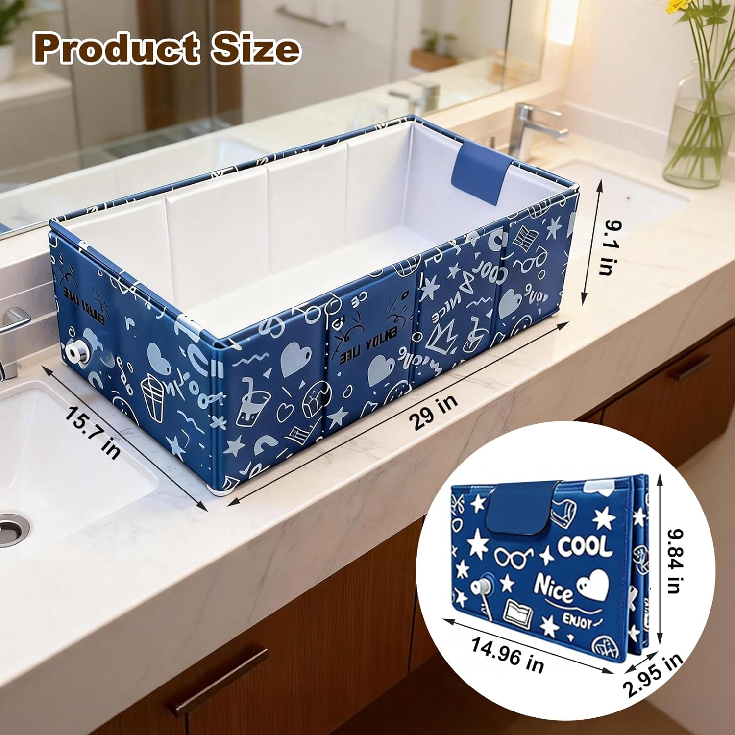 Foldable Dog Bathtub for Small to Medium Dogs & Cats, Collapsible Pet Bath Tub for Shower/Kitchen Sink, Thickened Insulated Base, Portable & Space-Saving Puppy Wash Basin, 27.5" x 15.7" x 9", Blue