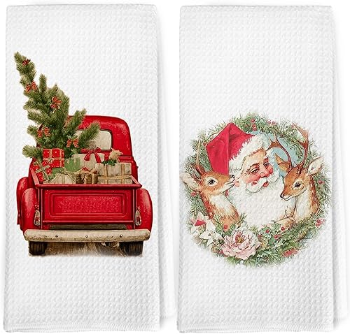 Dibor Juego de 2 paños de cocina vintage con ciervos de Papá Noel, decoración de automóvil con ciervos de Navidad, estilo retro, decoración de árbol