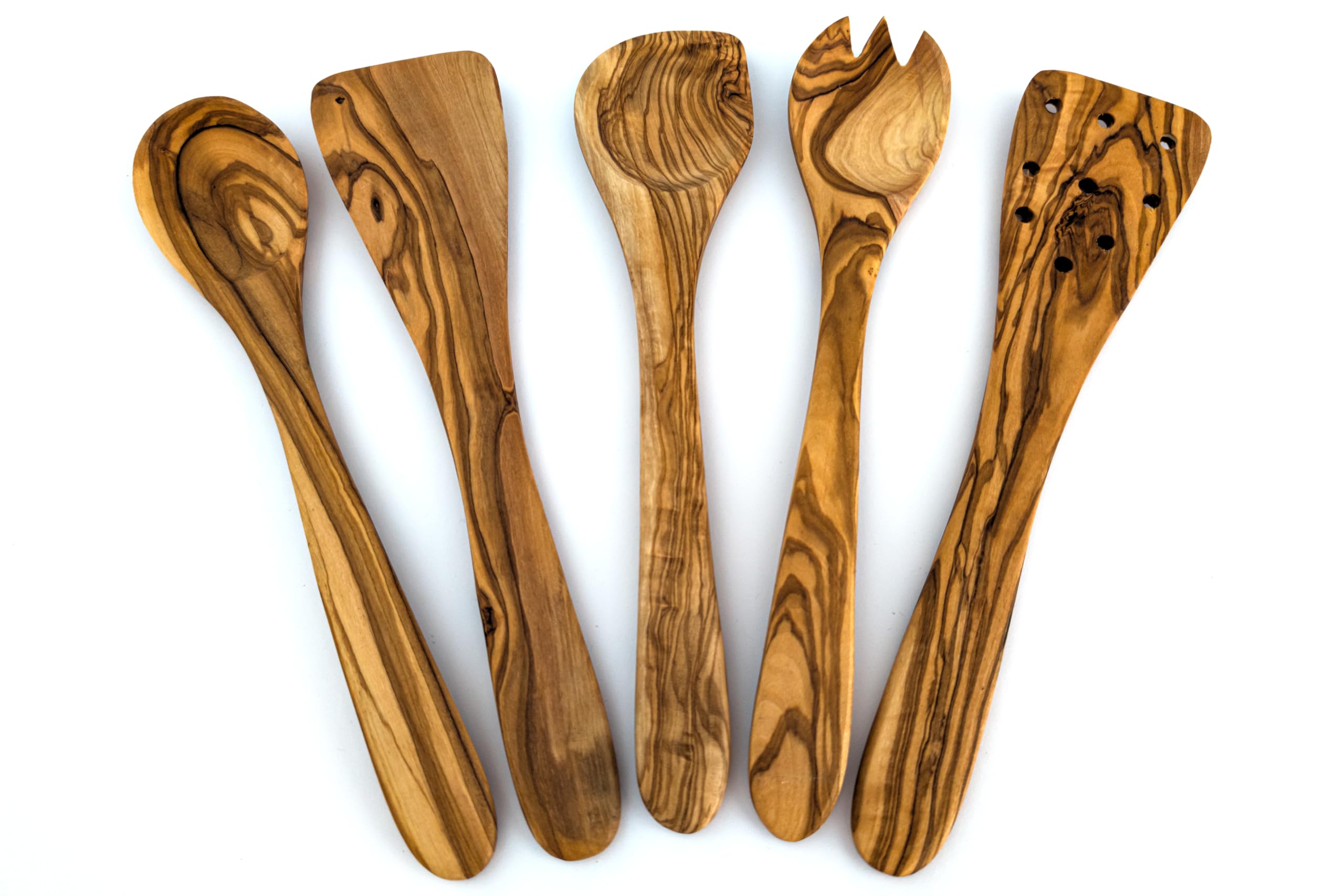 EMNA - 5-teiliges Oliven-Holz Küchenutensilien-Set | ca. 30 cm | Exklusive Geschenk-Box | Design Koch-Löffel mit spitzer Ecke | Salatbesteck | Flacher und Geschlitzter Pfannenwender | Weihnachten