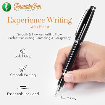 FPR Ambassador Black Ultra Flex Fountain Pen Set for Writers | 0.4 mm to 2 mm Line Variation, Metal Body, 2 Ink Cartridges, Bottle Converter Included, Smooth Ink Flow, 5.6 in Length