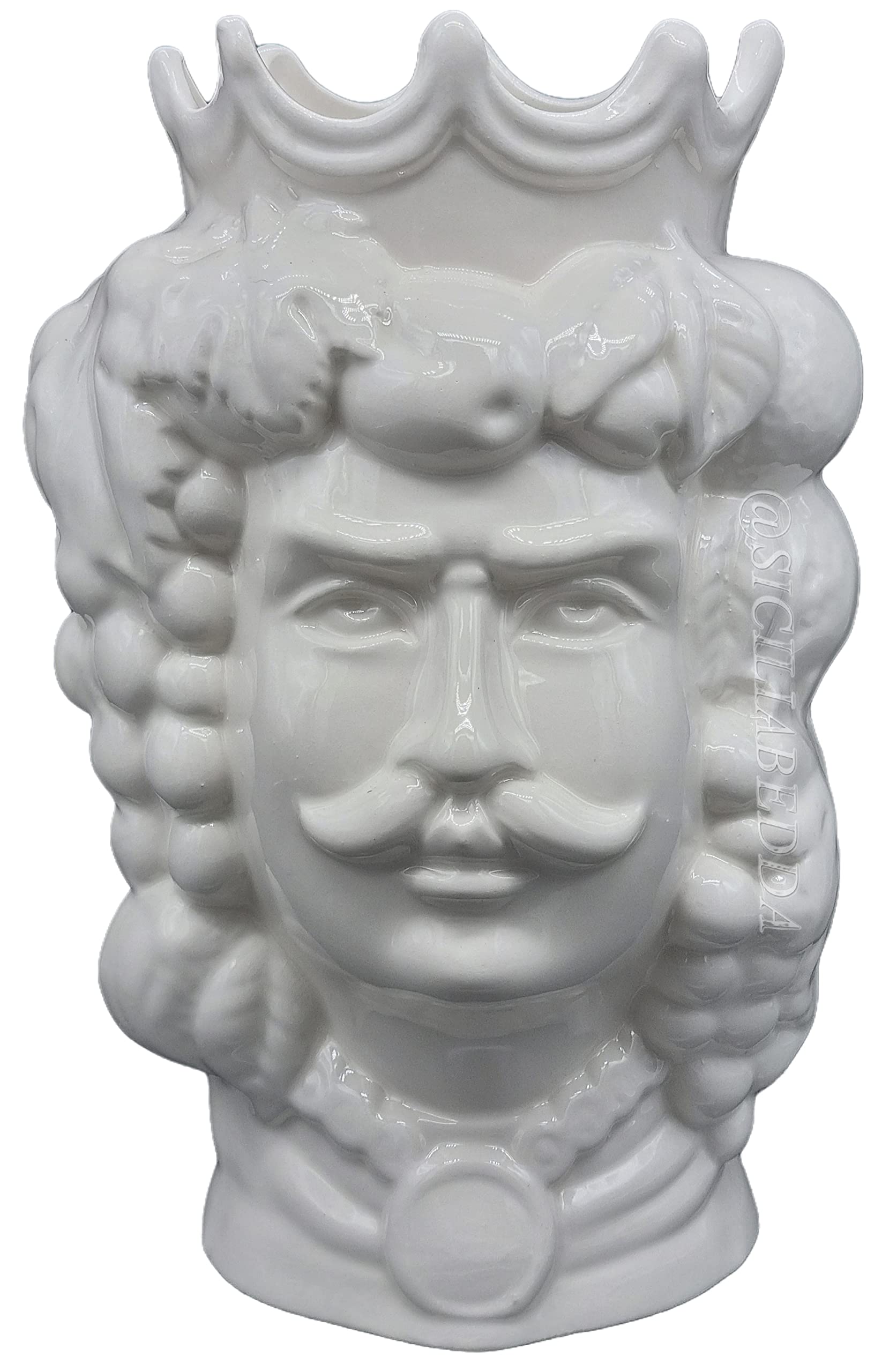 sicilia bedda - Teste di Moro in Ceramica di Caltagirone - Prodotto 100% Artigianale - Alta qualità (Altezza 35 Centimetri, Uomo Bianco Lucido)