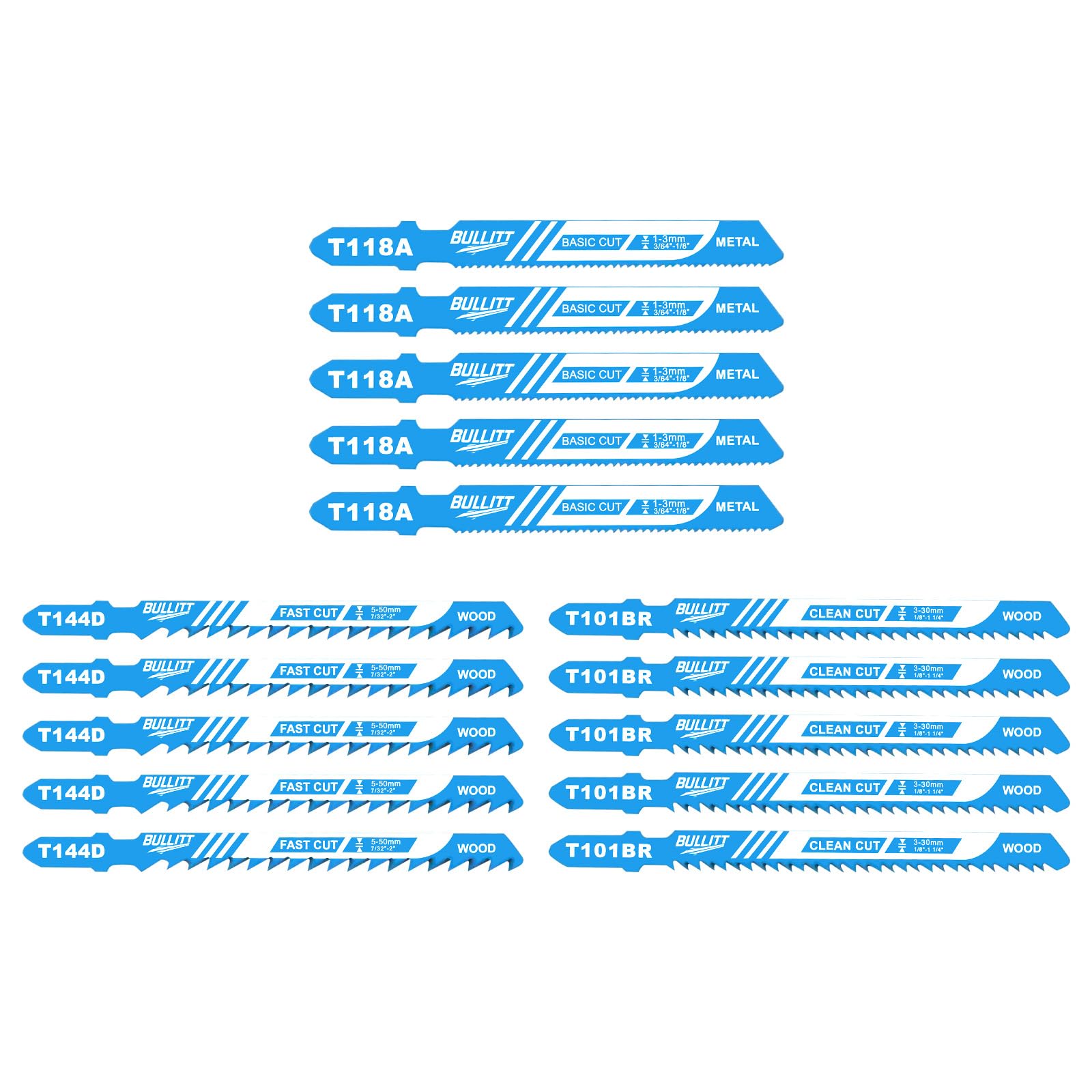 BULLITT 15PCS Professional Jigsaw Blade Set,Flexible Jigsaw Blades 5*T144D+5*T118A+5*T101BR with T-shank Designed for Cutting on Wood,Metal,Plactic,Professional Accessories for Jigsaws