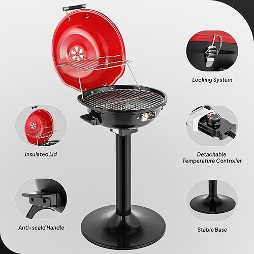 Miniatura 7 de ROVSUN Parrilla eléctrica vertical roja de 1600 W con tapa, parrilla de acero inoxidable 304 con bandeja de goteo extraíble desmontable, diseño de