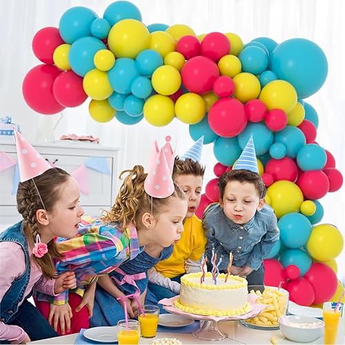 Miniatura 5 de Kit de arco de guirnalda de globos de color rosa intenso, verde azulado, azul, amarillo, 122 unidades, turquesa, azul, rosa, rojo, amarillo, para