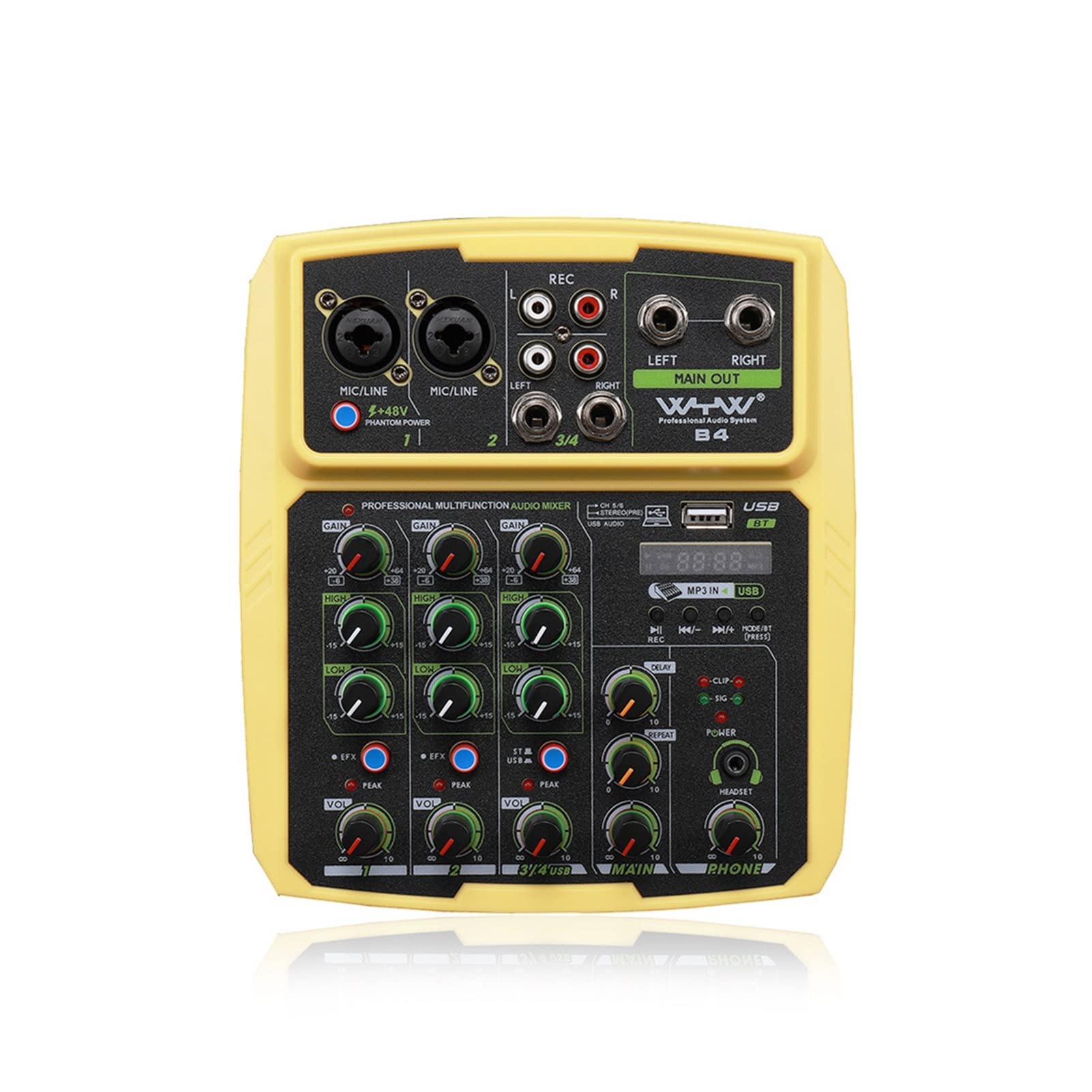 4 canales Interfaz de audio de sonido Interfaz de audio Professional Estudio Tarjeta de sonido Mezcla Mezcla Micrófono Potencia Phantom(Yellow)