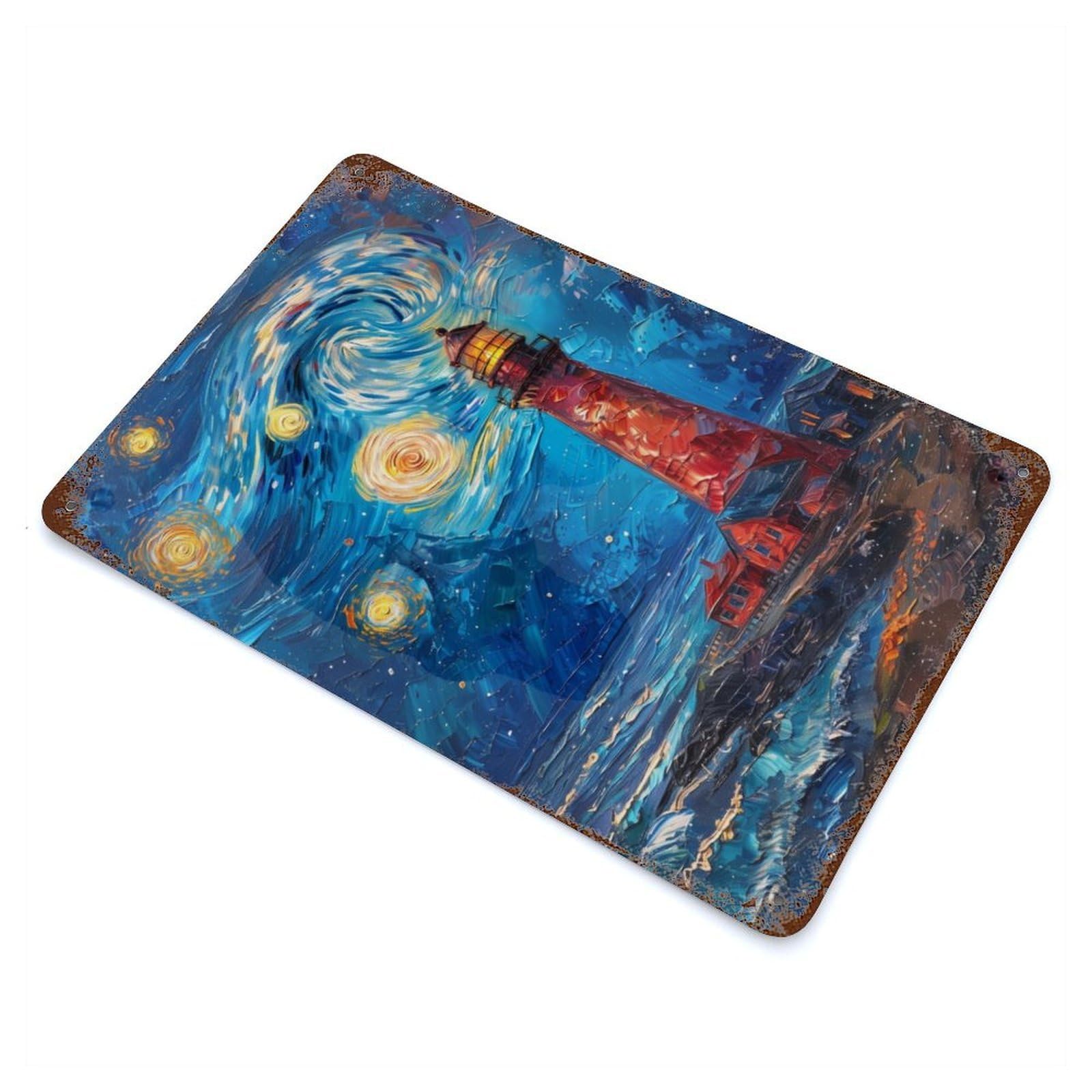 Starry Night Lighthouse Retro Metal Sign 11.8"x7.9", Classic Wall Plaque for Garage, Pub Or Kitchen