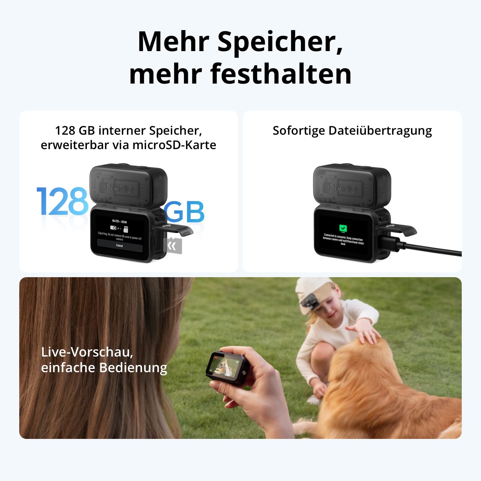 DJI Osmo Nano Standard Combo (128GB) 4K/60fps Vlogging-Kamera mit 1/1,3″ Sensor, 143° Weitwinkel-Video, 200 min Aufnahmezeit