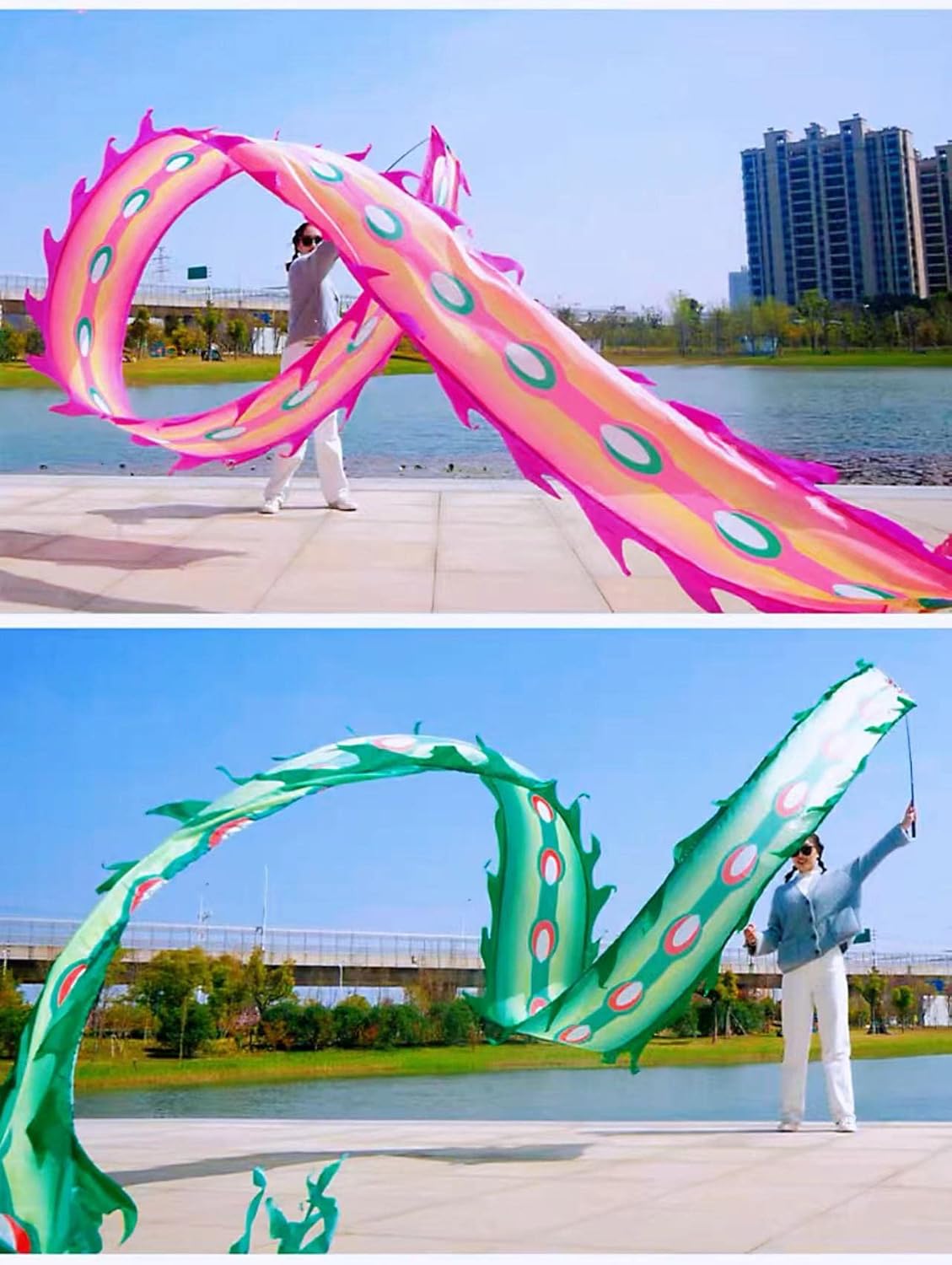 Square Exercise Dance Outdoor Flinging Fitness Dragon POI Wu Long 3D Real-Like Dragon Ribbon Streamer Set (19.6ft, Pink Phoenix)
