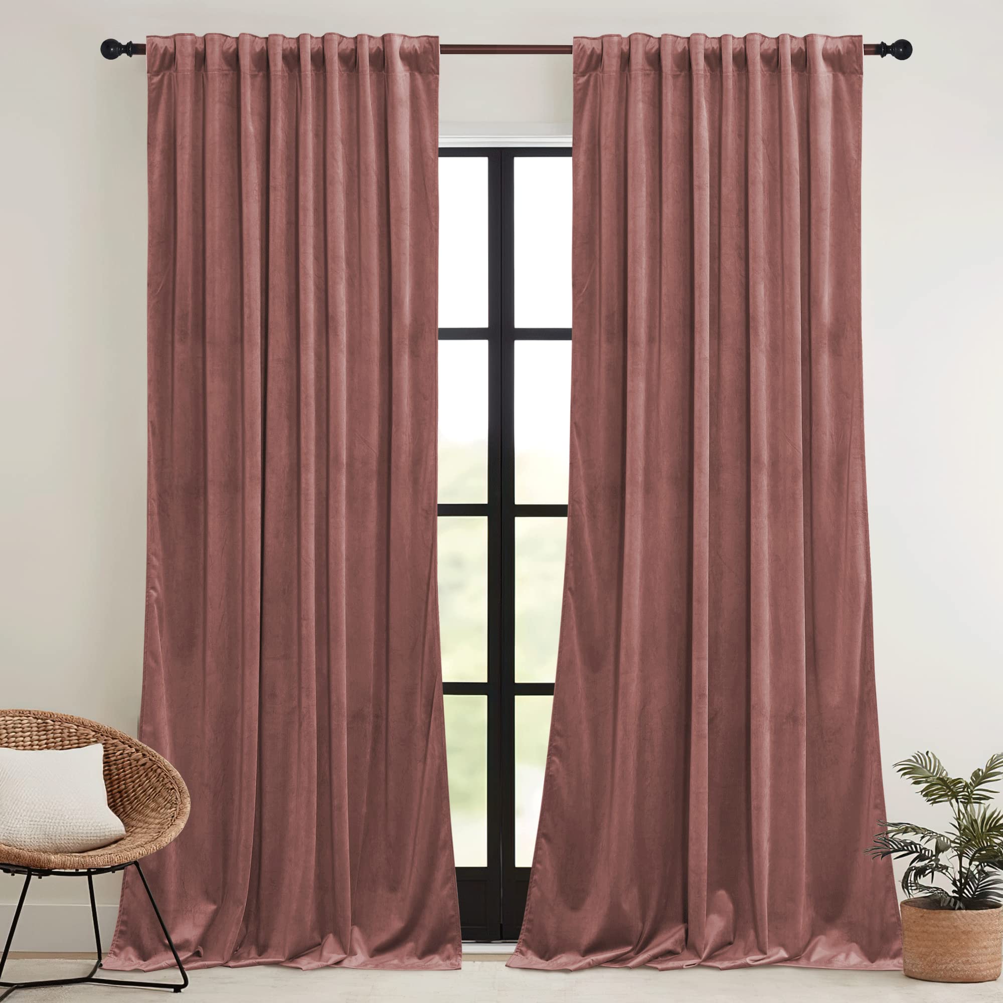 RYB HOME Wild Rose Pink Velvet Curtains 90 inches Long - Super Soft Girl Bedroom Window Decorative Drapes Thermal Insulated Room Darkening Curtains