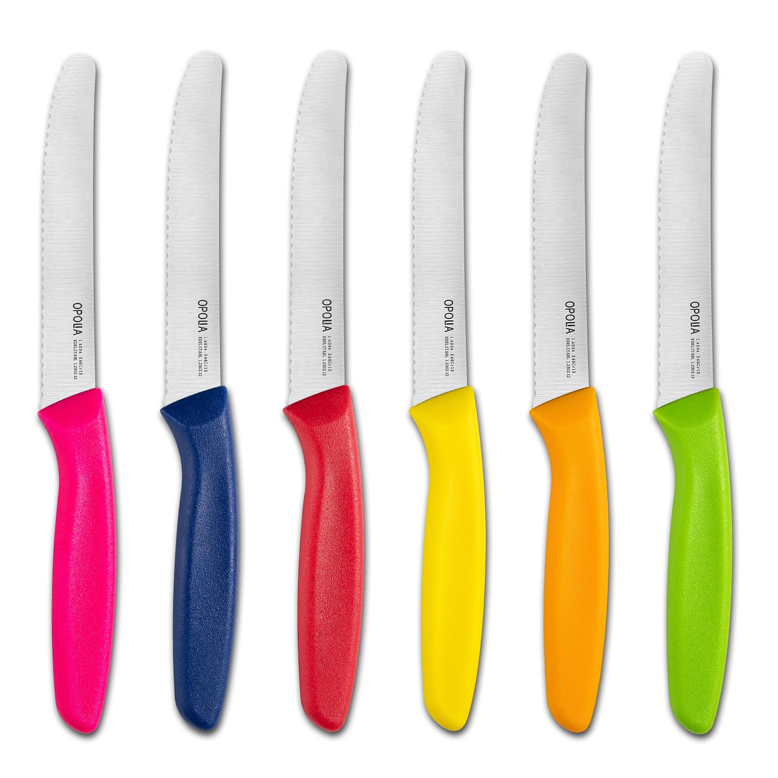 OPOLIA Bunte Frühstücksmesser 6 Stück,Hochwertiges Edelstahl Tafelmesser Mit Wellenschliff,Brötchenmesser,Tomatenmesser,Spülmaschinenfest,Rost&Korrosionsschutz