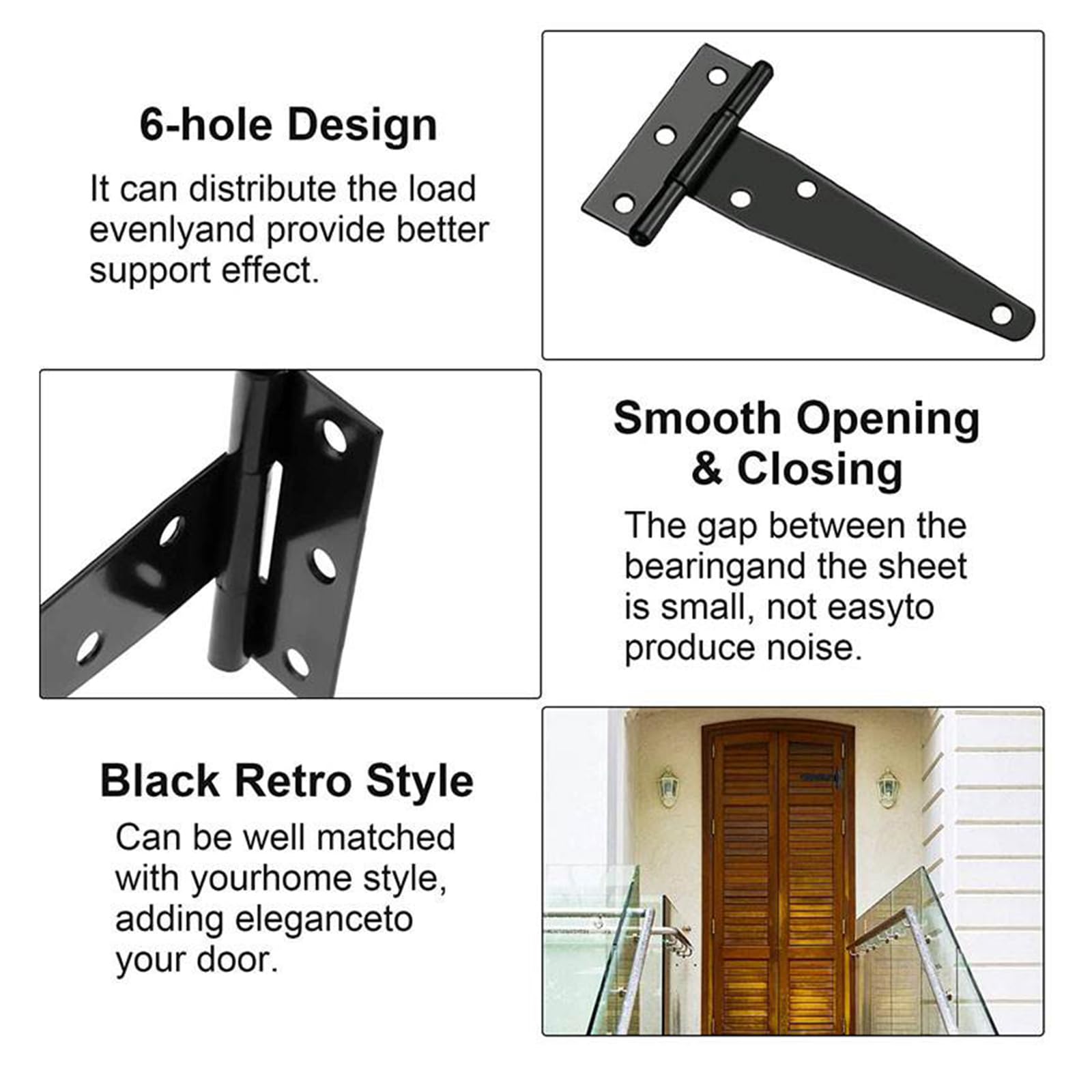 4 Pack 6 Inch T-Strap Shed Door Hinges Gate Strap Hinges Black Tee Hinge Wrought Hardware for Wood Shed Barn Door Fence Gate Swing Yard Door - Image 3