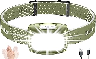 Headlamp Rechargeable, Blukar Super Bright COB Headlamp Headlight with Sensor Control & Red Lights, 8 Light Modes, Spotlight Floodlight Combination, Waterproof Flashlight, Emergency-Army Green