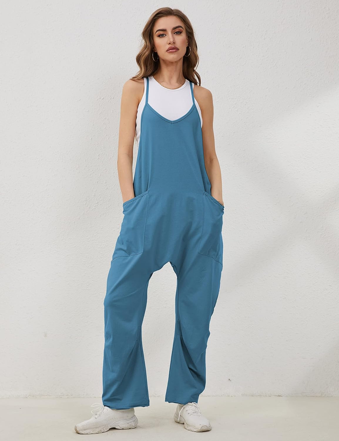 Lentta Women's Causal Jumpsuits V Neck Sleeveless Harem Overalls Stretchy Adjustable Strap Romper with Pockets - Image 4