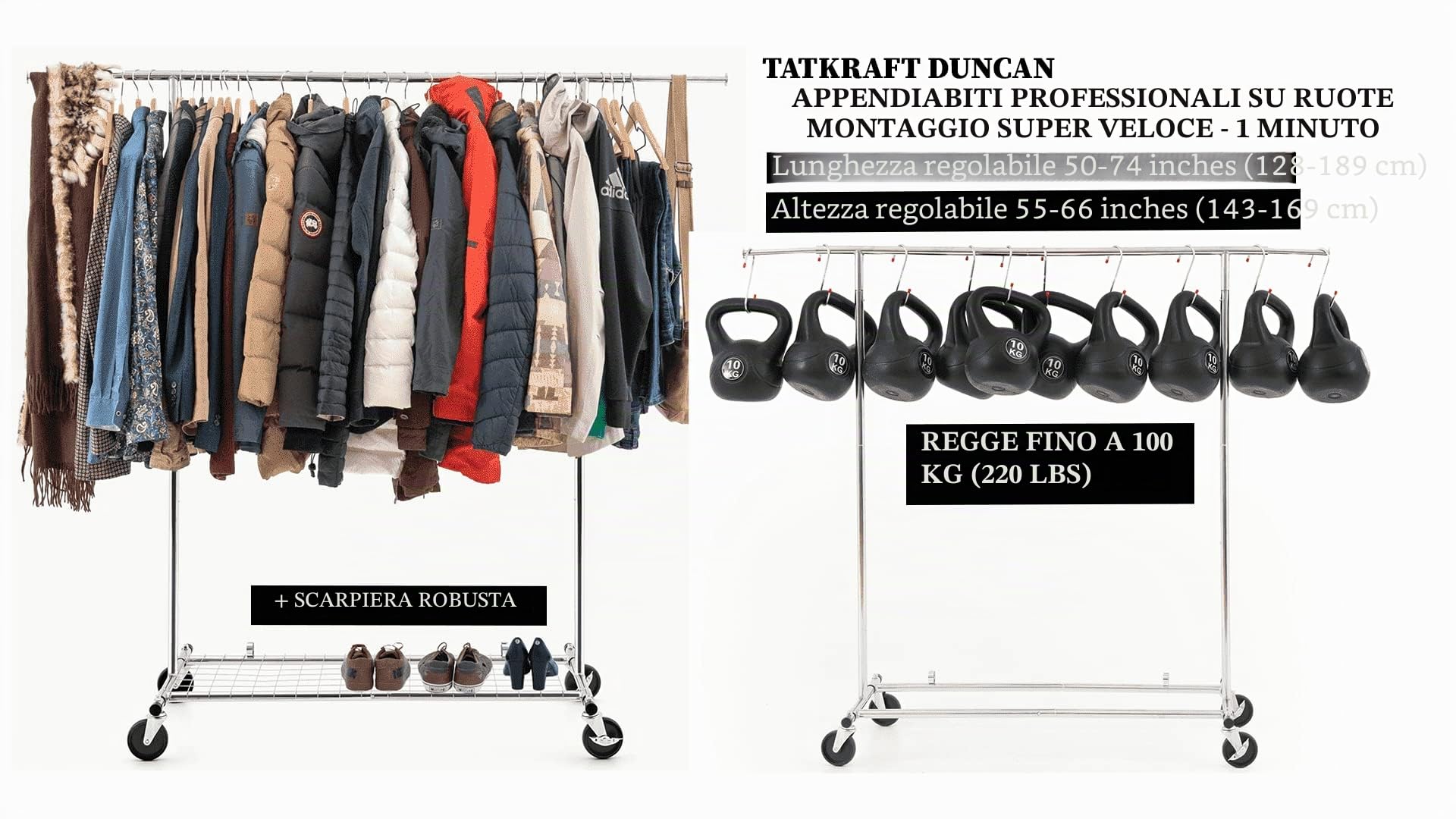 Tatkraft Duncan - Robusto Stand Appendiabiti Professionale, Portata 100 kg | Stender Appendiabiti con Ruote, Pieghevole, Regolabile 128-189x107x143-169cm, Montaggio 1 min, con Scarpiera, Acciaio Cromato