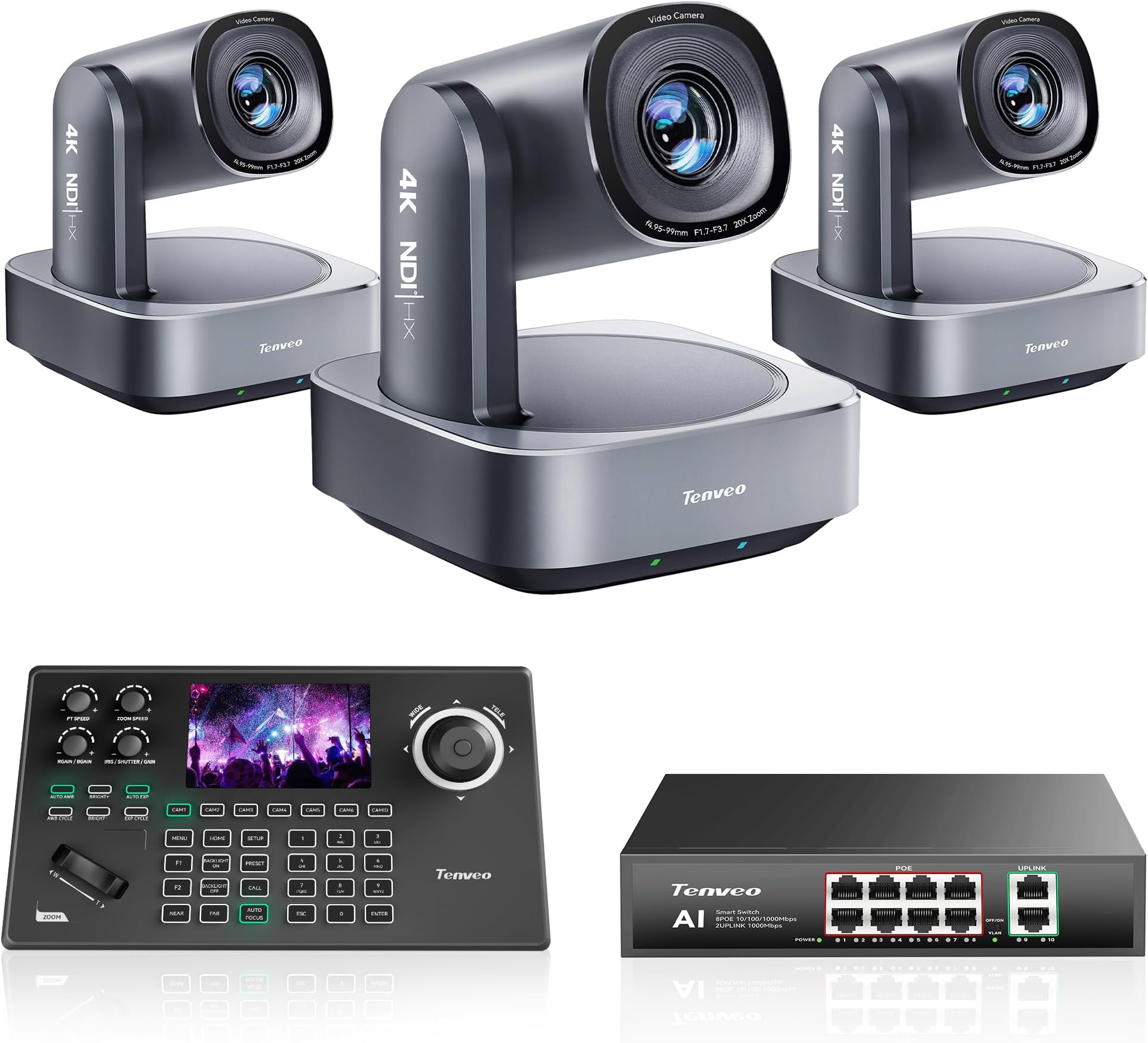 Tenveo 4K NDI PTZ Camera Bundle/Kit - 3-Pack 20X Optical + 8X Digital Zoom AI Tracking Cameras (LAN/HDMI/USB3.0), 5-inch Screen NDI Joystick Controller, and 8-Port Gigabit PoE Network Switch