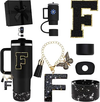 Black Accessories for Stanley Cup Accessories 30OZ 40OZ, All Accessories Gift Box Contain Flower Straw Topper, Sillicone Boot, Letter Stickers and Pendants,Spill Stopper Set Black F