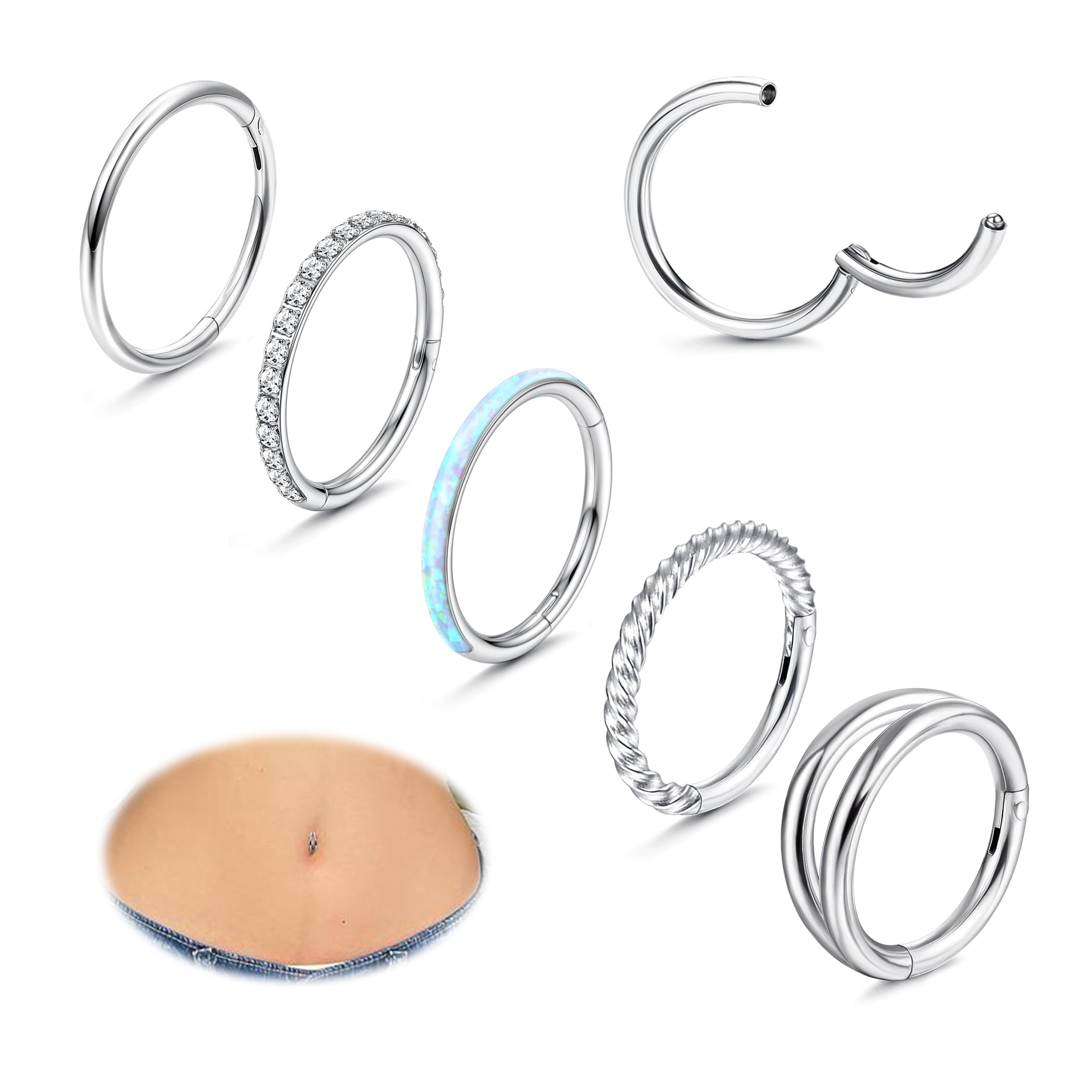 FIOROYAL 5Piezas 14G Piercing Ombligo Acero Quirurgico Piercing Tragus Opalo Clicker Piercing Ombligo Aro Piercing Ombligo Dorado Plata