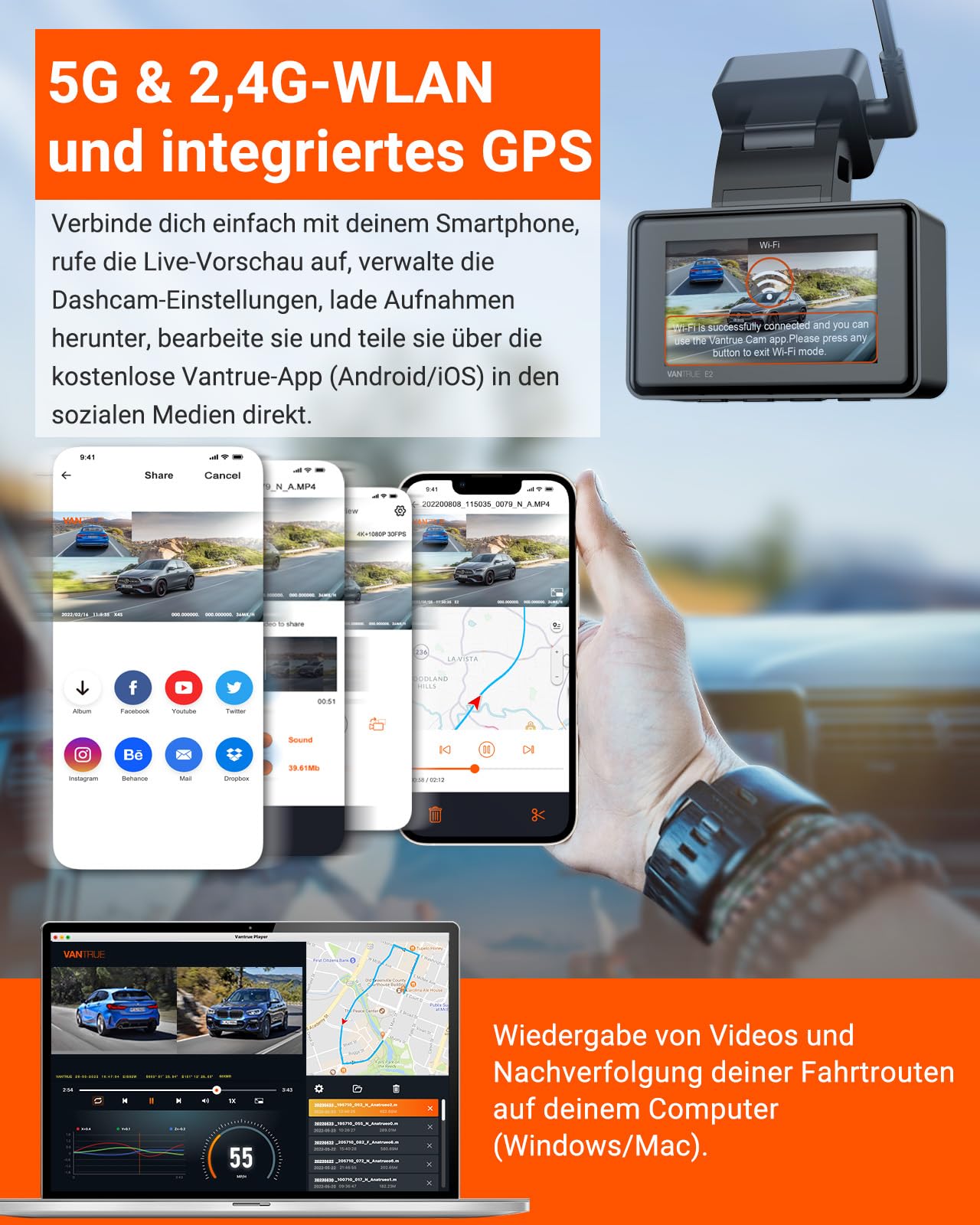 VANTRUE E2 2.7K+2.7K Dashcam Auto vorne hinten 5GHz WiFi 9MB/S GPS, Fernbedienung Sprachbefehle Dash cam Dual 1944P/1440P WDR Nachtsicht Puffer Parkmodus Auto Kamera, 2.45’’ 320° G Sensor, max. 512GB