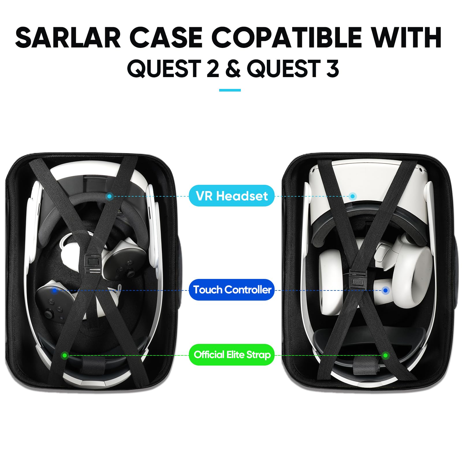 sarlar Funda protectora de viaje compatible con Oculus Meta Quest 3S/Quest 3/Quest 2, bolsa de transporte de accesorios para auriculares originales y Elite Strap VR y controladores táctiles, incluye