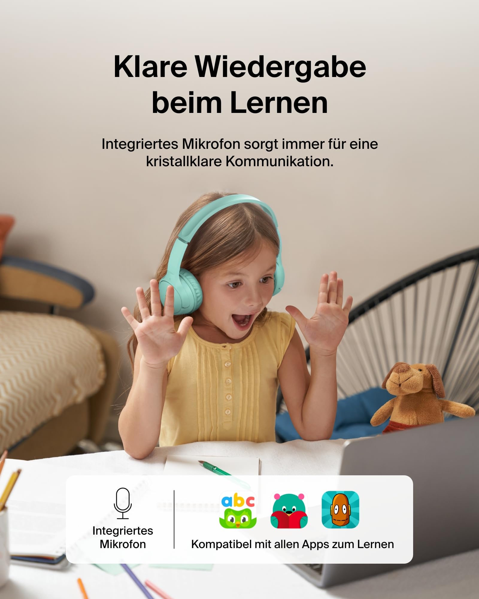 Belkin SoundForm Mini kabelloser Kinderkopfhörer mit integriertem Mikrofon und lustigen Aufklebern, 30 Std. Wiedergabe – Over-Ear-Kopfhörer für Unterricht, Ferien, iPhone, iPad, Galaxy – Mint