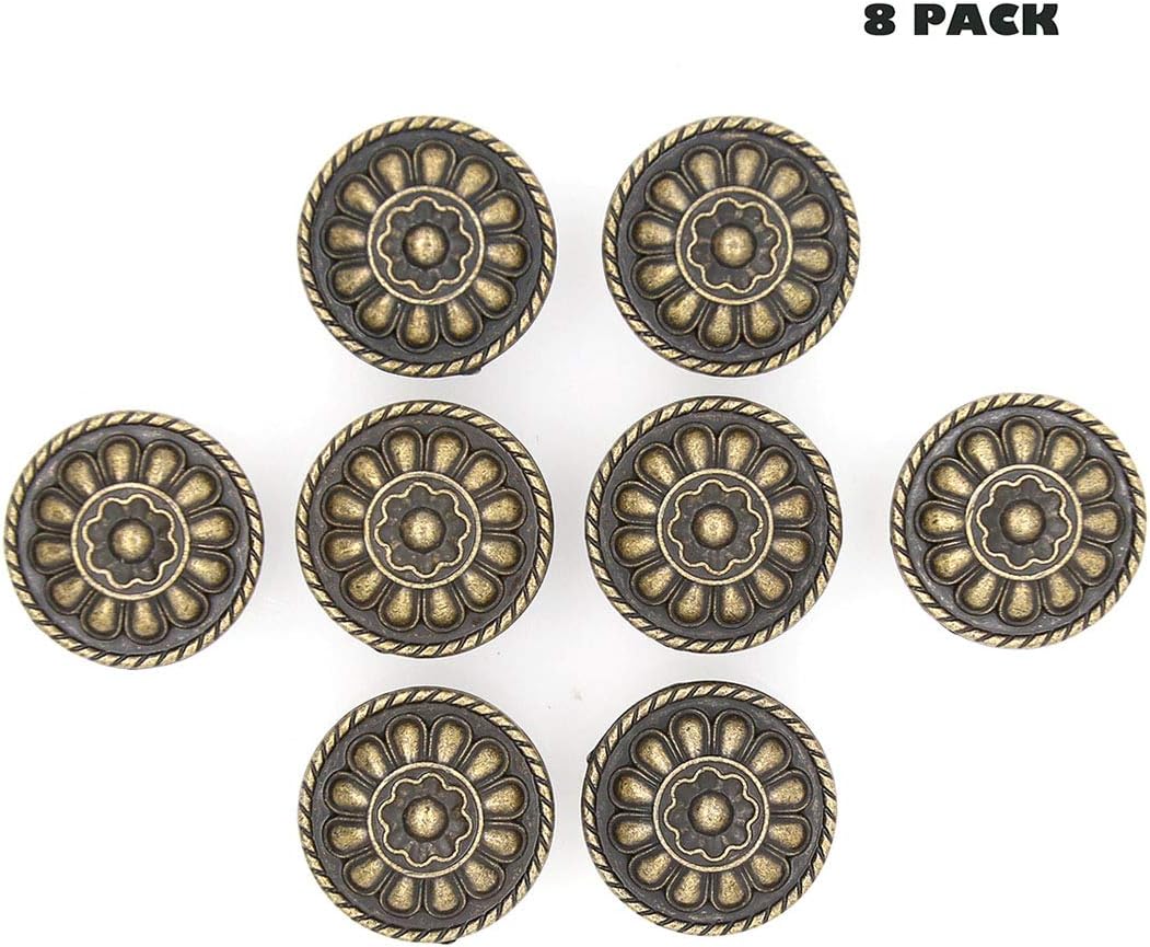 LXZ 8 PCs Vintage Antique Brass Knobs Handles -Cabinet Drawer Knob Pulls with Embossed Flower Pattern, Diameter 1-7/32" (31 mm)
