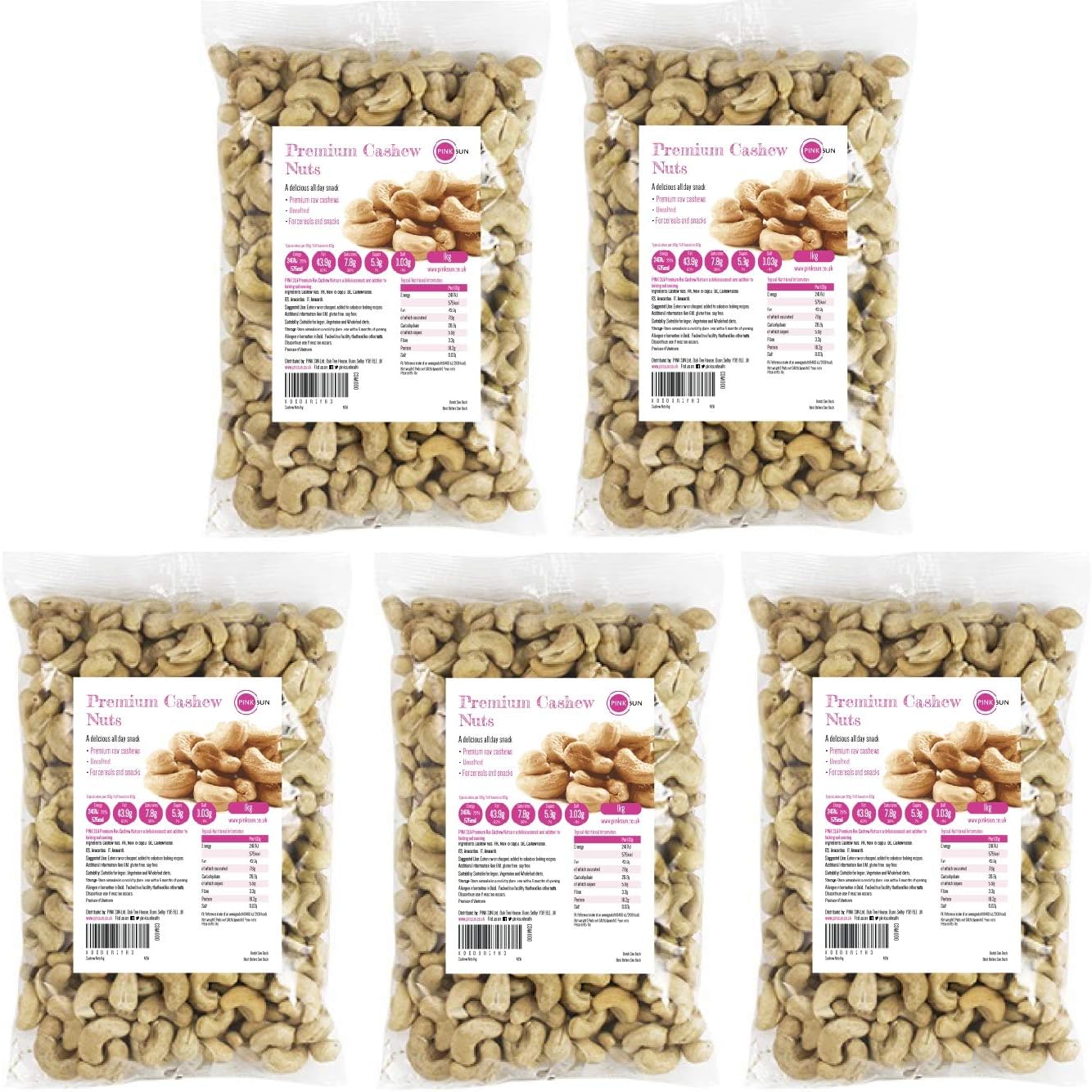 PINK SUN Cashew Nuts 5kg (1kg x 5) Raw Natural Cashews Unsalted Whole Foods Kernels Unpasteurised Unroasted Gluten Free Vegetarian Vegan Bulk Buy