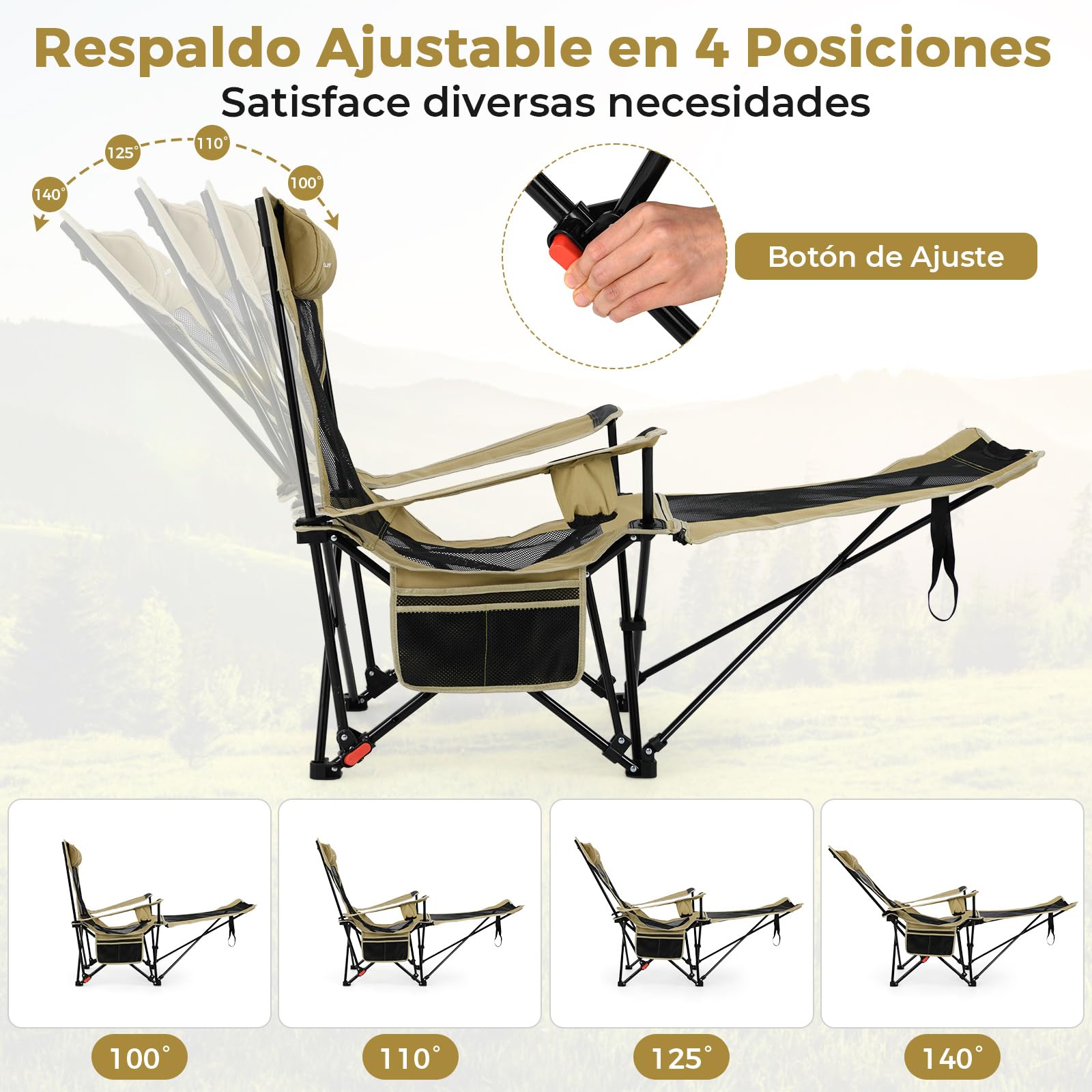GOPLUS Silla Camping Ligera, 150 kg, Sillas Playa Reclinable de 4 Posisiones con Reposapiés Extraíble y Ajustable, Portavasos, Malla Transpirable y Bolsa de Transporte, Chair de Paseo para Jardín