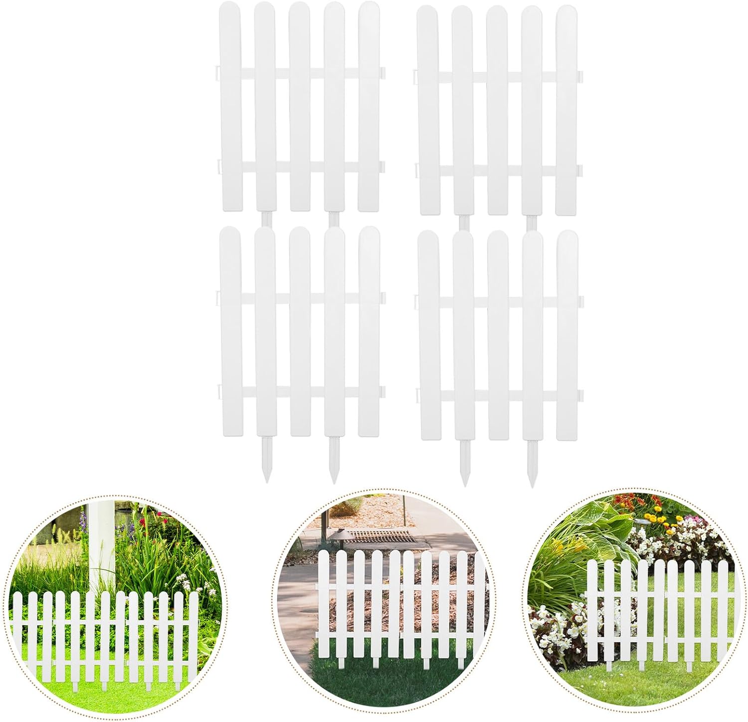 DOITOOL 4pcs White Plastic Garden Picket Fence Panels Decorative Lawn Edging Barrier for Flower Beds Yards and Balconies Easy Install No-Tool Assembly