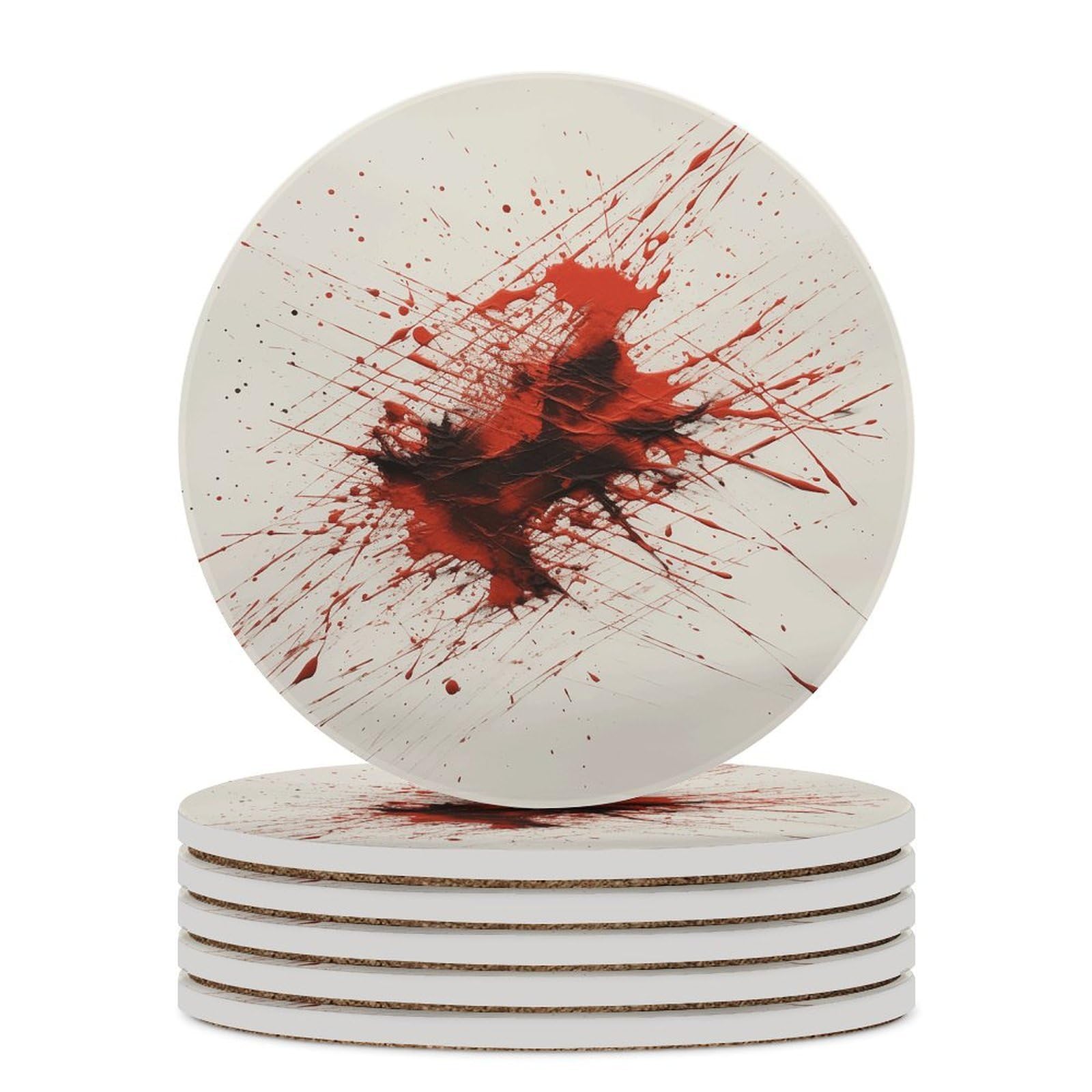 Czerwone linie długopisów podstawki pod napoje z uchwytem na stolik kawowy, ceramiczna podstawka z podstawą korkową, ceramiczna podstawka kamienna do mrożonych zimnych lub gorących napojów, 10 cm