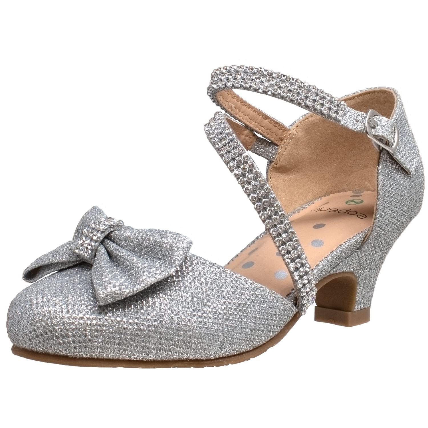 SOBEYO Girls Dress Shoes Rhinestone Bow Accent Kitten Low Heel Sandals