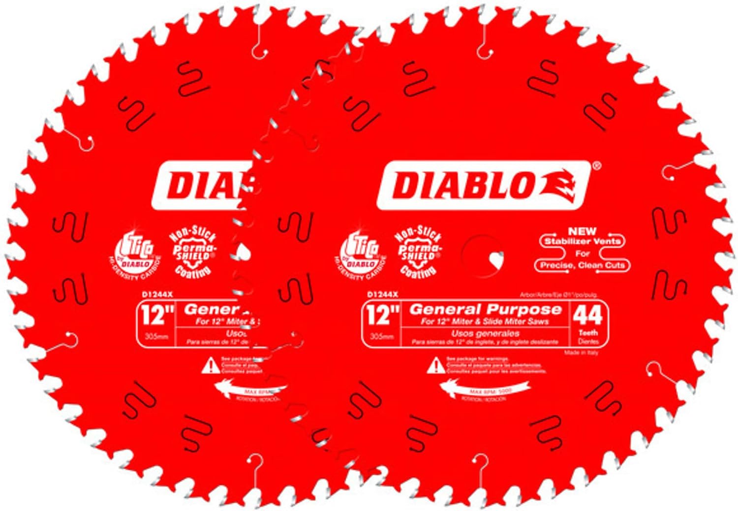 Diablo General Purpose Carbide Circular Saw Blade with Perma-Shield Non-Stick Coating - Ideal For Cross-Cutting or Ripping Projects - 12" x 44-Tooth, 2-Pack - D124444VP